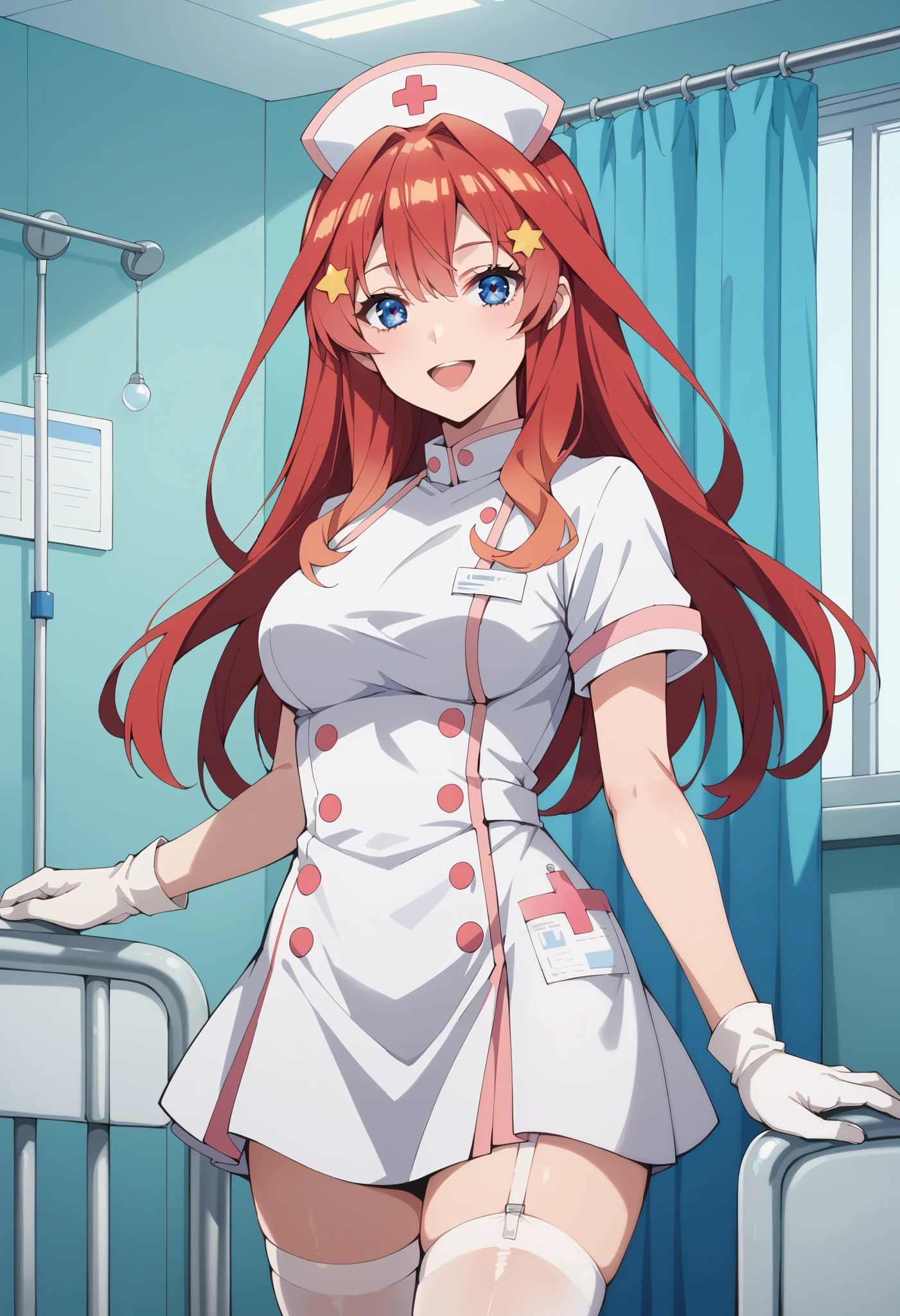 Score_9, score_8_up, score_7_up, source_anime, itsuki nakano, bangs, blue eyes, hair between eyes, red hair, star \(symbol\), hair ornament, star hair ornament, (best quality), (high quality), {masterpiece}, extremely delicate and beautiful, ultra-detailed, beautiful detailed eyes, nurse, nurse hat, ((white nurse's outfit)), white gloves, white legwear, zettai ryouiki, hospital room, smile, open mouth, standing