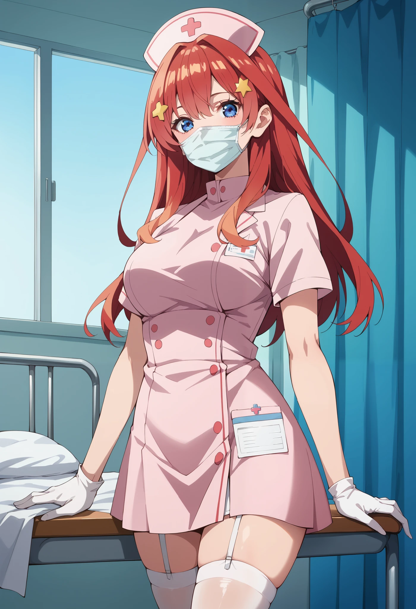 Score_9, score_8_up, score_7_up, source_anime, itsuki nakano, bangs, blue eyes, hair between eyes, red hair, star \(symbol\), hair ornament, star hair ornament, (best quality), (high quality), {masterpiece}, extremely delicate and beautiful, ultra-detailed, beautiful detailed eyes, nurse, nurse hat, ((white nurse's outfit)), white gloves, white legwear, zettai ryouiki, hospital room, ((white surgical mask, covered nose)), standing