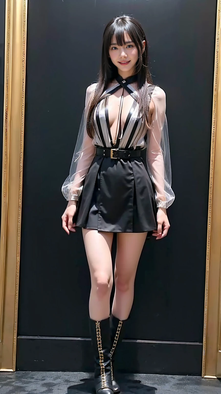 (8K、Raw photo、highest quality、masterpiece:1.2)、(Realistic、Photorealistic)、1 girl、((black and white dress、Gold Belt、See-through、boots、squirt、Large Breasts、View from the front、Are standing))、Lots of eyelashes、Sparkling eyelids、skeletally correct