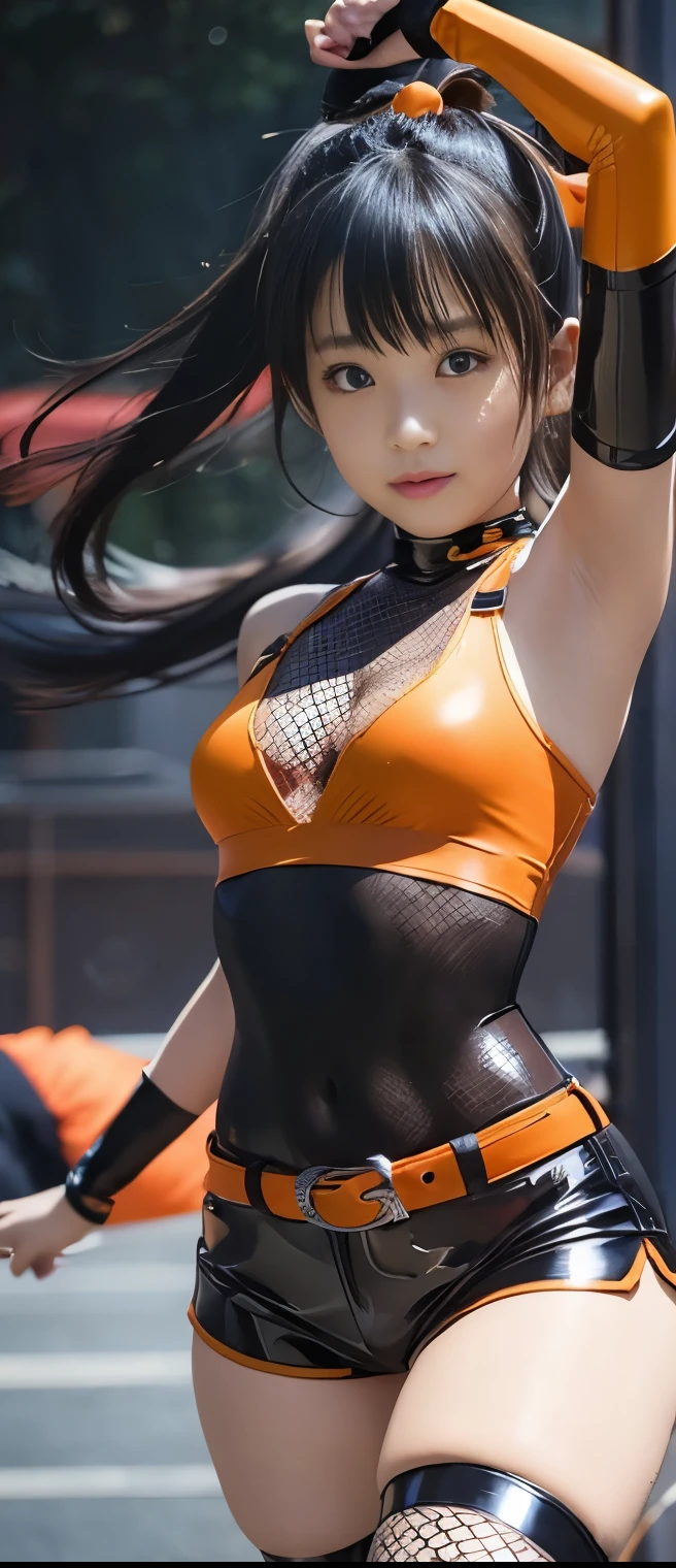 Pure Ninja Idol Girl 、A pure girl's face、Tanned Thick Legs 、flashy orange ninja costume、Black Latex Tight Shorts、Cool Belt、 fishnet tights