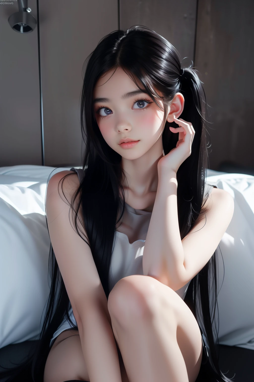 (8k, 4k, best quality, highres, ultra high res:1.1), (masterpiece, realistic, photo-realistic:1.1), 1girl, face, close-up, twintails, black hair, black eyes, light made-up, (looking at viewer:2), absurdly long hair, long eyelashes, small face, normal eyes,
bare shoulders, long and bare legs
high contrast.