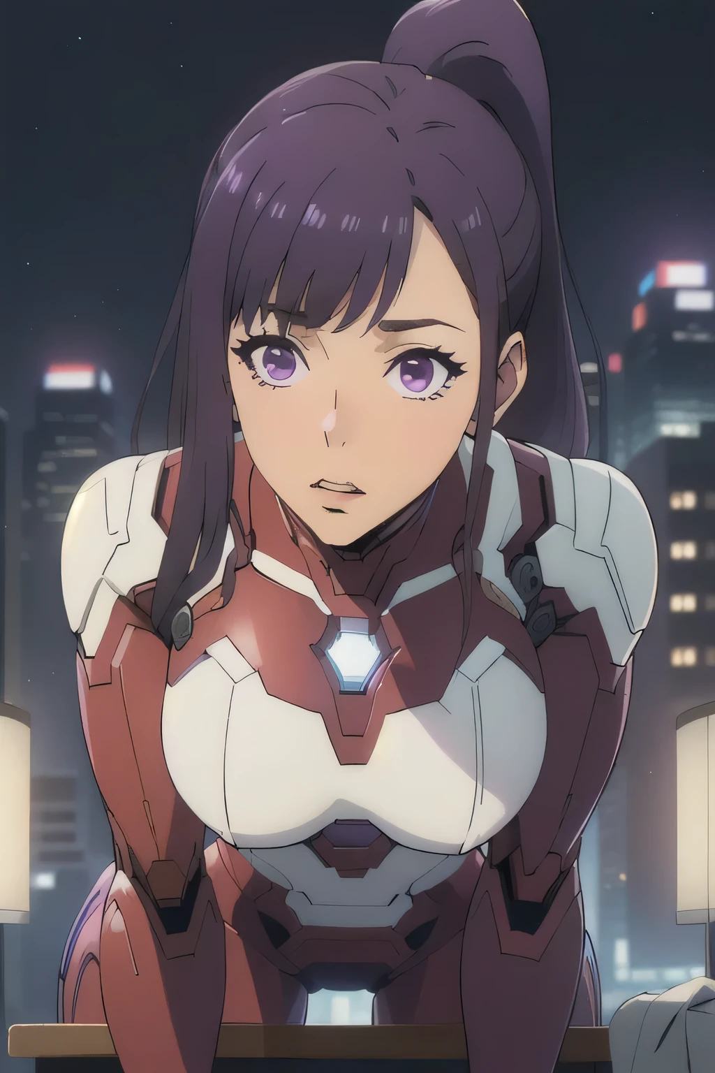 1 girl in, 18, photo of Sung Jinha, Solo Levelling Waifu, photo of perfect woman, Solo, Aesthetic artwork, (long hair, straight purple hair, long ponytail, dark purple hair, bangs: 1.25), (violet eyes, clear skin, fare skin, small breasts, B-cup, runners body, very thin waist, skinny, petite, detailed skin texture, (Masterpiece), (lying face down on a desk, chest on the desk, squished boobs, leaning forward, Half-Lidded eyes, glossy lips, focus on breasts:1.2), (wearing a iron man suit, pure white and blue iron-Man suit, gender Bend iron man cosplay), rooftop Skyline, on a rooftop, Stary night, evening, (extremely detailed 8k wallpaper), soft lighting, high quality, film grain, 50mm, High Detail, Sharp focus, (natural light), (cowboy photo:1.2), light particles