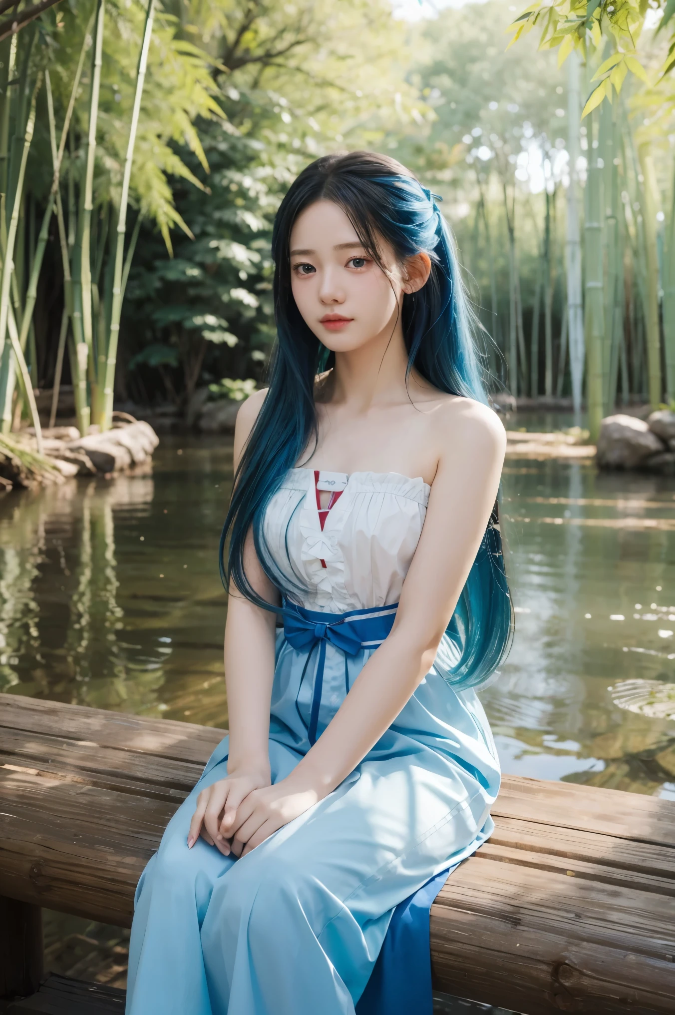Masterpiece, Best Quality, Official Art, 8k Wallpaper, Very Detailed, Illustration, 1 Girl, Sky Blue Hair, Long Hair, Detailed Eyes, Forrest Gump, Bare Shoulders, Hanfu, Lake, Pure, Soft Smile, bamboo, tea