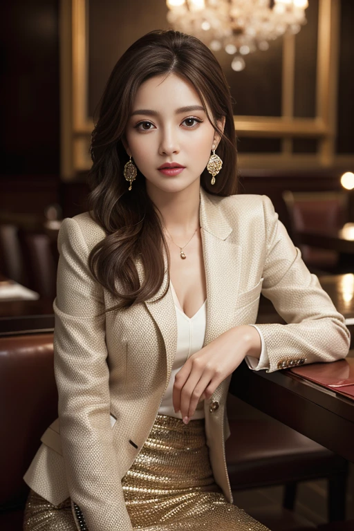 masterpiece, Highest quality, Realistic, Very detailed, Finer details, High resolution, 8k wallpaper, One beautiful woman, Wear a nice suit, In a great restaurant, At night, Light brown messy hair, Perfect dynamic composition, Beautiful and beautiful eyes、Big earrings、Sit on the sofa、