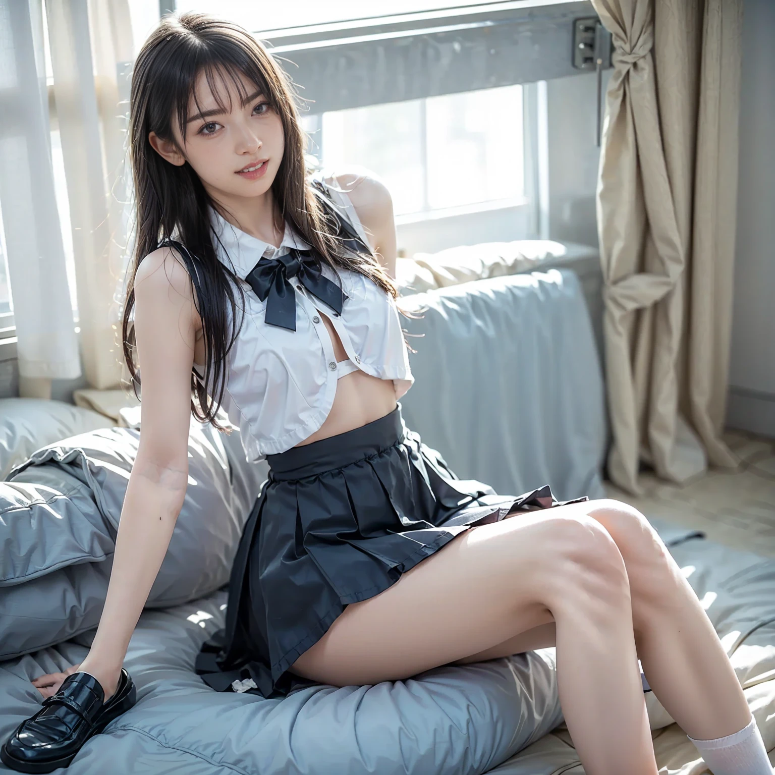 (spreading her legs for the camera:1.5)、（open legs:1.5）、（I can see my pants:1.2）、((No makeup、looking at camera:1.2))、(realistic、Photoreal、super detailed、best detailed skins、highest quality、masterpiece、Super high resolution)、cute japanese woman、17 years old、high school girl、young girl、1 girl、have bangs、double eyelid、purity、double teeth、realistic肌タイプ、fluffy hair、red cheeks、(school uniform shirt）、white shirt with collar、checked skirt、（black hair）、bright classroom、（school classroom）、machine、Chair、bright atmosphere、8K RAW photo、High resolution、(very big round breasts:1.2)、beautiful eyes、detailed eyes、drawn in detail、long eyelashes、美しいdouble eyelid、beautiful and very thin legs、（Beautiful and very thin thighs）,simple necklace、extremely short skirts、Quite embarrassed look、red cheeks、troubled face、camera angle from below