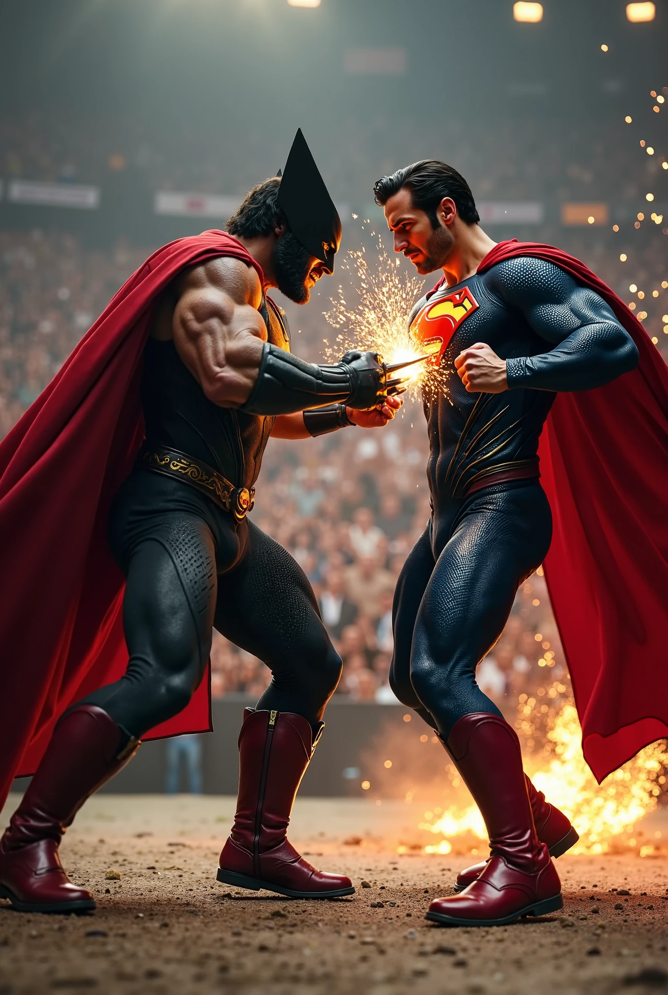 A highly detailed, cinematic scene of Black Adam, played by Dwayne "The Rock" Johnson, and Superman, portrayed by Henry Cavill, engaged in an intense wrestling match on a WWE wrestling stage, with dynamic camera angles, dramatic lighting, and a sense of raw power and spectacle. Muscular, photorealistic character designs, intricate costume details, sweat-soaked skin, grappling moves, debris, and a crowd cheering in the background. Cinematic camera angles, dynamic action, and a gripping, high-stakes confrontation between the two iconic superhero characters