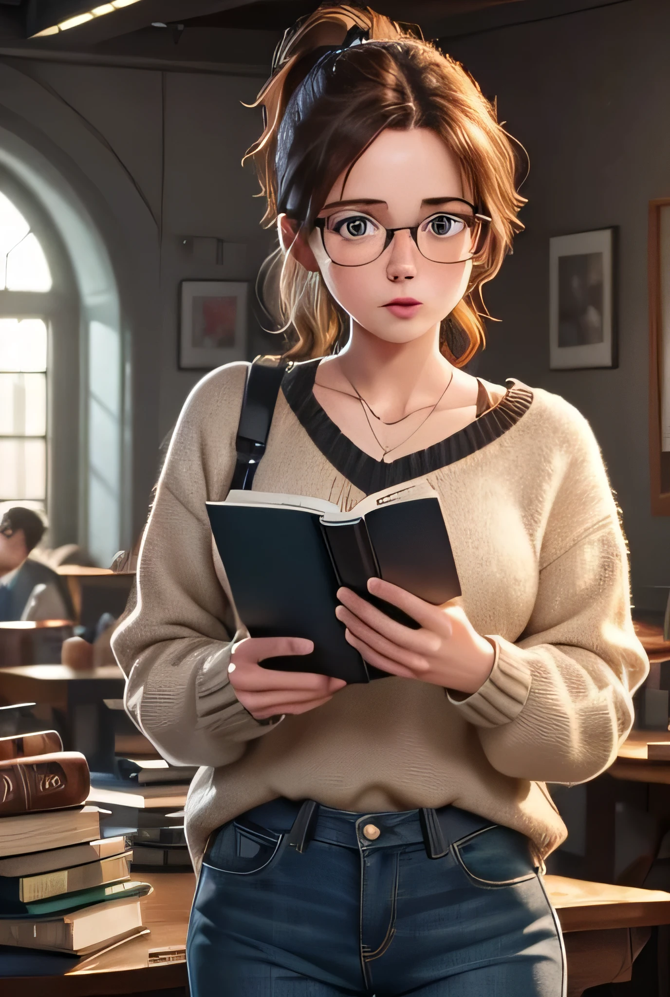 a nerdy girl,1girl,glasses,braces,messy brown hair,high ponytail,cute freckles,oversized sweater,skinny jeans,converse sneakers,holding a book,reading a book,geeky,cute nerd,very nerdy,extremely nerdy,extremely detailed,ultra-detailed,best quality,8k,highres,masterpiece:1.2,realistic,photorealistic,photo-realistic:1.37