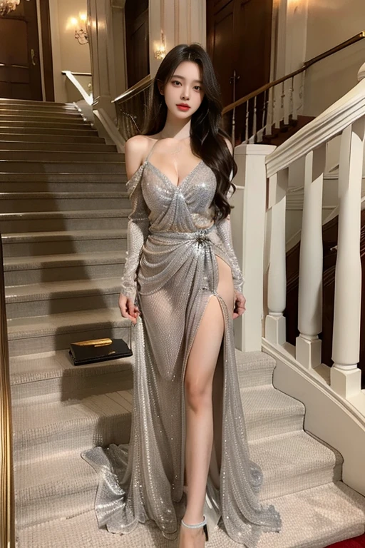 (Realistic:1.5),(raw photo:1.2),(photorealistic:1.2),(masterpiece:1.2),Heavy makeup,Clear flesh-colored pantyhose,8K,By bangs,waved hair,Stiletto heels,Long legs,on the Wedding Decorations,formal outfit,(Full Body),(cute face:1.15),(long dress),(huge breasts:1.2)