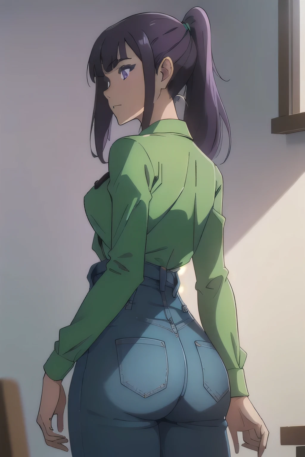1 girl in, 18, photo of Sung Jinha, Solo Levelling Waifu, photo of perfect woman, Solo, Aesthetic artwork, (long hair, straight purple hair, long ponytail, dark purple hair, bangs: 1.25), (violet eyes, clear skin, fare skin, small breasts, B-cup, runners body, very thin waist, skinny, petite, detailed skin texture, (Masterpiece), (shot from behind, up skirt, focus on ass:1.2), (blank background, plain background, blank wall, (wearing an tight Green long sleeve shirt, v-neck emerald green shirt, blue denim overalls, green painters cap, female super Mario Luigi, gender swap Luigi cosplay), (extremely detailed 8k wallpaper), soft lighting, high quality, film grain, 50mm, High Detail, Sharp focus, (natural light), (cowboy photo:1.2), light particles