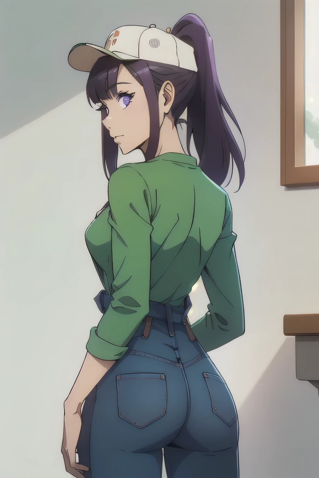 1 girl in, 18, photo of Sung Jinha, Solo Levelling Waifu, photo of perfect woman, Solo, Aesthetic artwork, (long hair, straight purple hair, long ponytail, dark purple hair, bangs: 1.25), (violet eyes, clear skin, fare skin, small breasts, B-cup, runners body, very thin waist, skinny, petite, detailed skin texture, (Masterpiece), (shot from behind, up skirt, focus on ass:1.2), (blank background, plain background, blank wall, (wearing an tight Green long sleeve shirt, v-neck emerald green shirt, blue denim overalls, green painters cap, female super Mario Luigi, gender swap Luigi cosplay), (extremely detailed 8k wallpaper), soft lighting, high quality, film grain, 50mm, High Detail, Sharp focus, (natural light), (cowboy photo:1.2), light particles