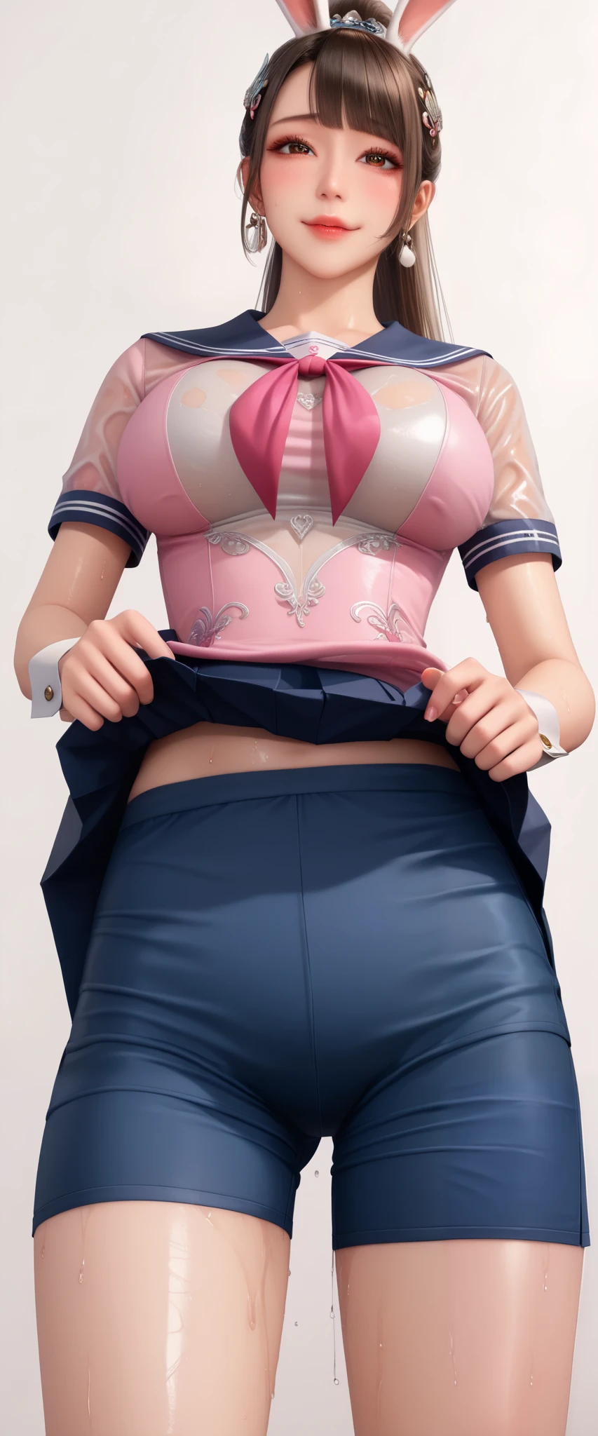 Score_9, Score_8_up, Score_7_up, Score_6_up, Score_5_up, Score_4_up, source_realistic, source_real, source_photorealistic, source_hyperrealism, Tag1, Tag2, Quality_masterpiece, Absurd res, Anatomically correct, Beautiful face, Perfect face, Highly detailed beautiful face and eyes, Attractive face, Detailed face, Delicate facial features, Detailed skin, Huge breasts, Thick thighs, Shiny skin, Oily skin, Long hair, Black hair, Blunt bangs, Asymmetrical bangs, Hair slicked back, High ponytail, Mole under eye, Eyelashes, Seductive smile, Naughty face, Embarrassed, Blush, Shy, Drunken eyes, Looking pleasured BREAK Rating_explicit, Solo focus, (((Xiaowu, Delicate eyes, Intricate details, animal ears,brown hair,dress,earrings,hair ornament,jewelry,long hair,pink dress,ponytail,rabbit ears, high long ponytail, beautiful face))), (sweat, sweat wet dirty skin, oily wet sweaty dirty skin, wet dirty soaked clothes, wet dirty sweaty body, soaked wet dirty clothes, dripping), shiny hair,clear skin,ultra-detailed-eyes,in college, (school uniform, school skirt, school dress), (((lifting up skirt:1.6, skirt lift:1.5))), (((boyshorts, boxer briefs))), ((from below:1.5))