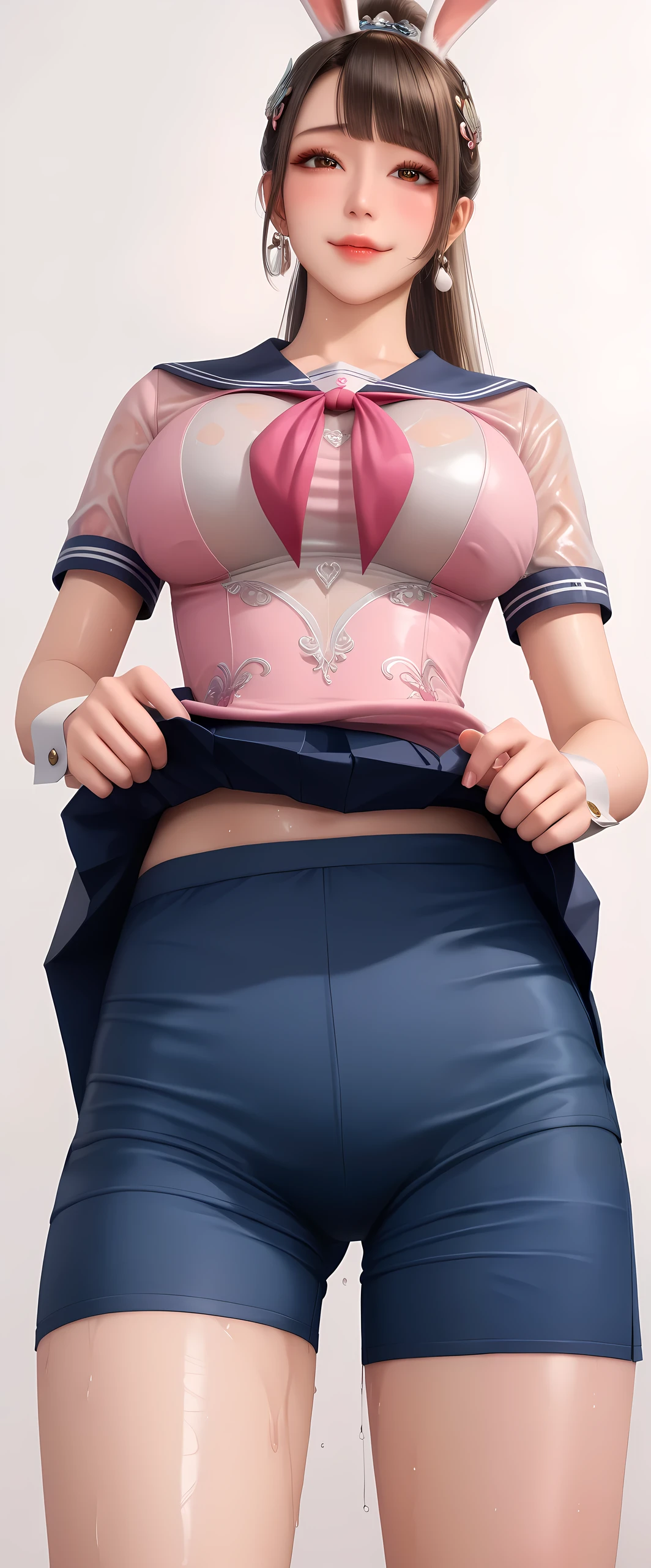Score_9, Score_8_up, Score_7_up, Score_6_up, Score_5_up, Score_4_up, source_realistic, source_real, source_photorealistic, source_hyperrealism, Tag1, Tag2, Quality_masterpiece, Absurd res, Anatomically correct, Beautiful face, Perfect face, Highly detailed beautiful face and eyes, Attractive face, Detailed face, Delicate facial features, Detailed skin, Huge breasts, Thick thighs, Shiny skin, Oily skin, Long hair, Black hair, Blunt bangs, Asymmetrical bangs, Hair slicked back, High ponytail, Mole under eye, Eyelashes, Seductive smile, Naughty face, Embarrassed, Blush, Shy, Drunken eyes, Looking pleasured BREAK Rating_explicit, Solo focus, (((Xiaowu, Delicate eyes, Intricate details, animal ears,brown hair,dress,earrings,hair ornament,jewelry,long hair,pink dress,ponytail,rabbit ears, high long ponytail, beautiful face))), (sweat, sweat wet dirty skin, oily wet sweaty dirty skin, wet dirty soaked clothes, wet dirty sweaty body, soaked wet dirty clothes, dripping), shiny hair,clear skin,ultra-detailed-eyes,in college, (school uniform, school skirt, school dress), (((lifting up skirt:1.6, skirt lift:1.5))), (((boyshorts, boxer briefs))), ((from below:1.5))