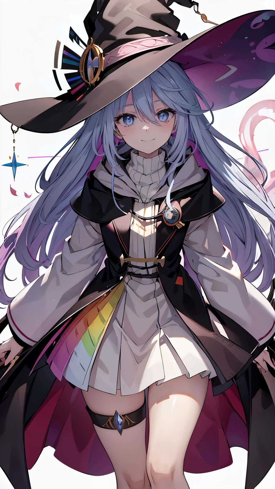 ((rainbow hair)), hair over shoulder, messy hair, hair over eyes, witch hat, wizard hat, grin, bright pupils, happy, anime, cinematic lighting, UHD, ((masterpiece)), super detail, (detailed eyes, detailed face), high quality, highres, high details, Witch with powerful magical light, female wizard, wide-brimmed hat, wizard's staff, wand, A torrent of light, colorful rays intersecting, (Right arm thrust out in front), orange costume, light blue hair, perfect body