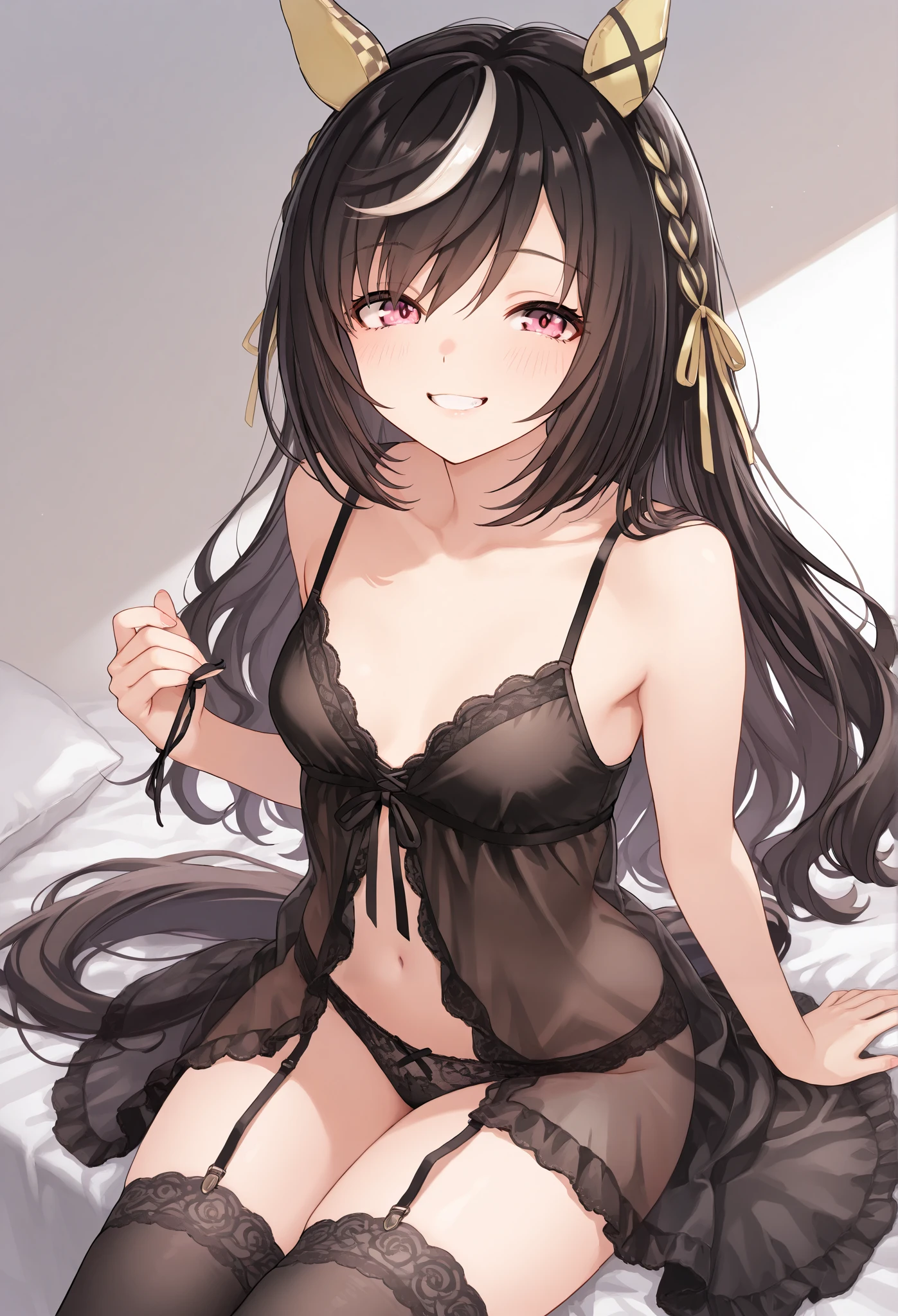 NSFW,(One girl:1.5),Arfan、Long Hair、Twin tails、Hair Ribbon、Small breasts、(Sexy Lace Lingerie:1.5),(Perfect hands),(Perfect Anatomy),(masterpiece),(highest quality),Embarrassed,blush,Love Hotel at Night,(One middle-aged man),(Foreplay:1.5)