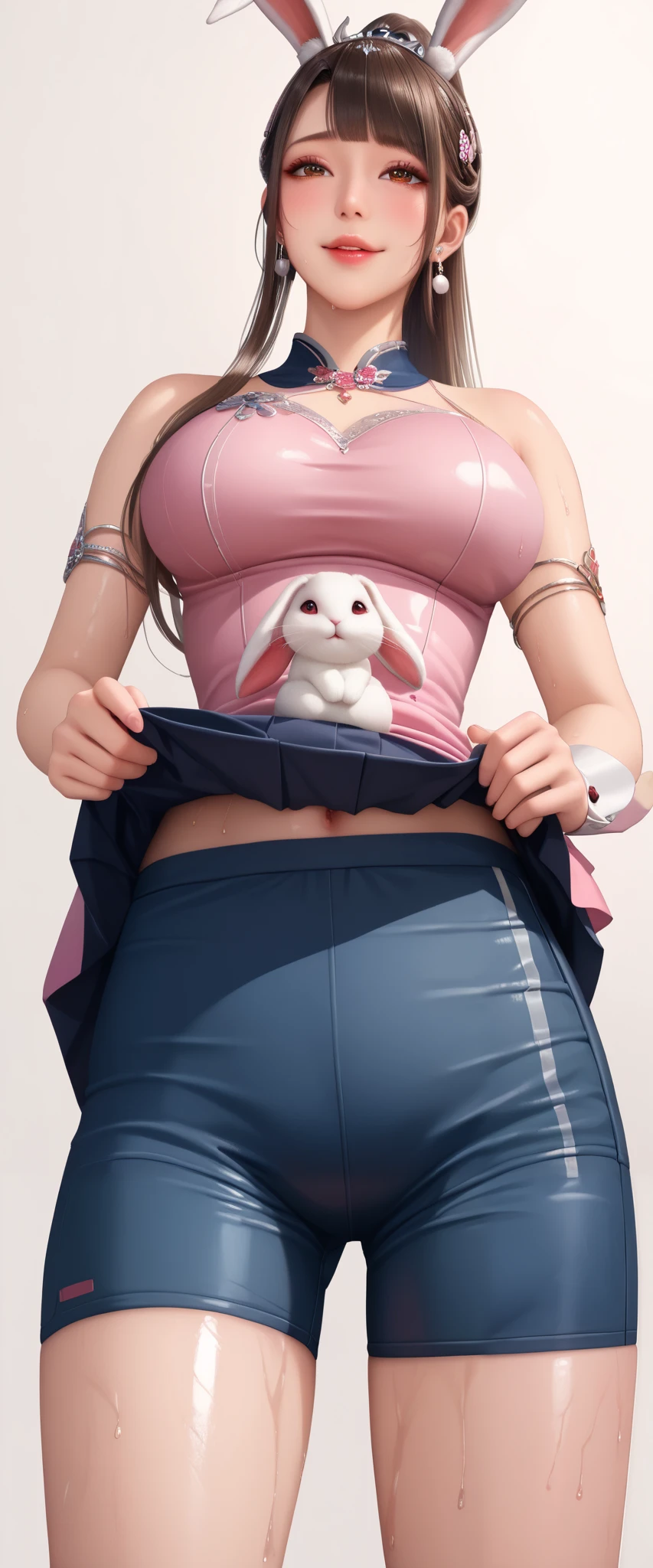 Score_9, Score_8_up, Score_7_up, Score_6_up, Score_5_up, Score_4_up, source_realistic, source_real, source_photorealistic, source_hyperrealism, Tag1, Tag2, Quality_masterpiece, Absurd res, Anatomically correct, Beautiful face, Perfect face, Highly detailed beautiful face and eyes, Attractive face, Detailed face, Delicate facial features, Detailed skin, Huge breasts, Thick thighs, Shiny skin, Oily skin, Long hair, Black hair, Blunt bangs, Asymmetrical bangs, Hair slicked back, High ponytail, Mole under eye, Eyelashes, Seductive smile, Naughty face, Embarrassed, Blush, Shy, Drunken eyes, Looking pleasured BREAK Rating_explicit, Solo focus, (((Xiaowu, Delicate eyes, Intricate details, animal ears,brown hair,dress,earrings,hair ornament,jewelry,long hair,pink dress,ponytail,rabbit ears, high long ponytail, beautiful face))), (sweat, sweat wet dirty skin, oily wet sweaty dirty skin, wet dirty soaked clothes, wet dirty sweaty body, soaked wet dirty clothes, dripping), shiny hair,clear skin,ultra-detailed-eyes,in college, (((lifting up skirt:1.6, skirt lift:1.5))), (((boyshorts, boxer briefs))), ((from below:1.5))