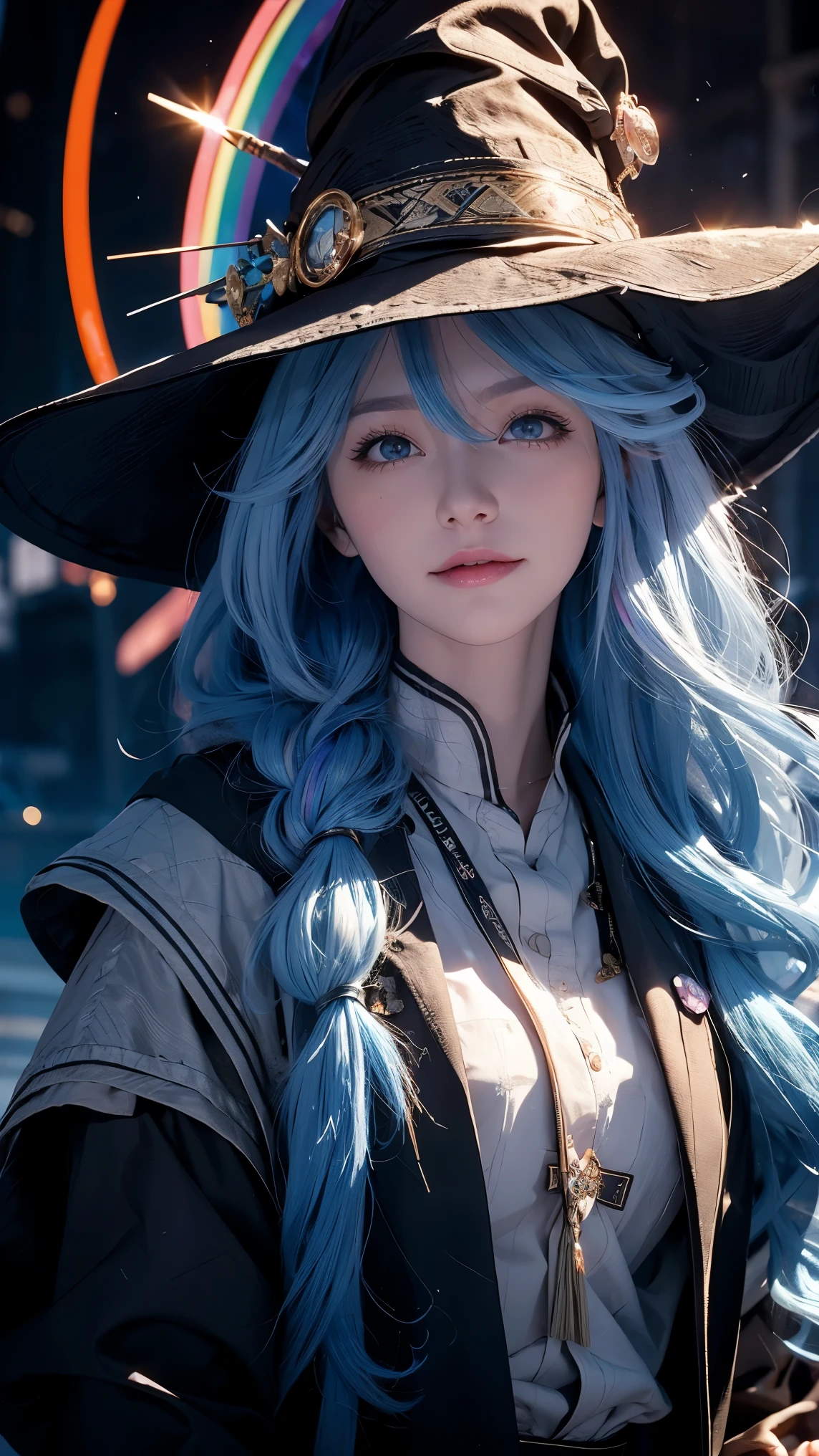 ((rainbow hair)), hair over shoulder, messy hair, hair over eyes, witch hat, wizard hat, grin, bright pupils, happy, anime, cinematic lighting, UHD, ((masterpiece)), super detail, (detailed eyes, detailed face), high quality, highres, high details, Witch with powerful magical light, female wizard, wide-brimmed hat, wizard's staff, wand, A torrent of light, colorful rays intersecting, (Right arm thrust out in front), orange costume, light blue hair, perfect body