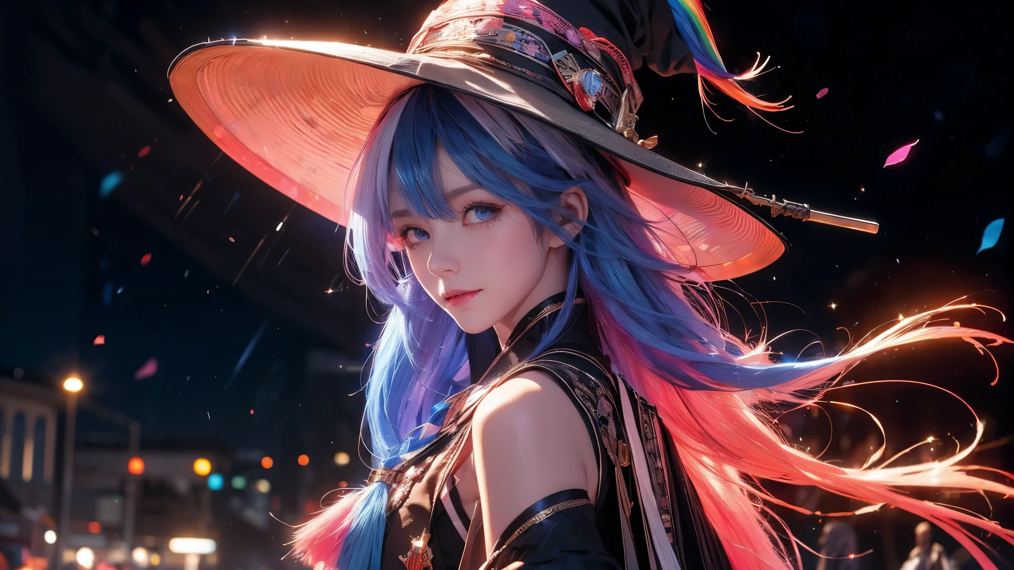 ((rainbow hair)), hair over shoulder, messy hair, hair over eyes, witch hat, wizard hat, grin, bright pupils, happy, anime, cinematic lighting, UHD, ((masterpiece)), super detail, (detailed eyes, detailed face), high quality, highres, high details, Witch with powerful magical light, female wizard, wide-brimmed hat, wizard's staff, wand, A torrent of light, colorful rays intersecting, (Right arm thrust out in front), orange costume, light blue hair, perfect body