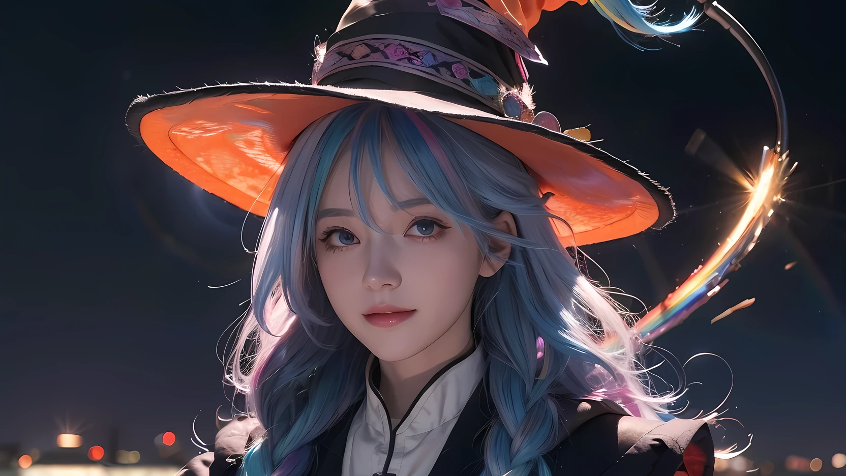 ((rainbow hair)), hair over shoulder, messy hair, hair over eyes, witch hat, wizard hat, grin, bright pupils, happy, anime, cinematic lighting, UHD, ((masterpiece)), super detail, (detailed eyes, detailed face), high quality, highres, high details, Witch with powerful magical light, female wizard, wide-brimmed hat, wizard's staff, wand, A torrent of light, colorful rays intersecting, (Right arm thrust out in front), orange costume, light blue hair, perfect body