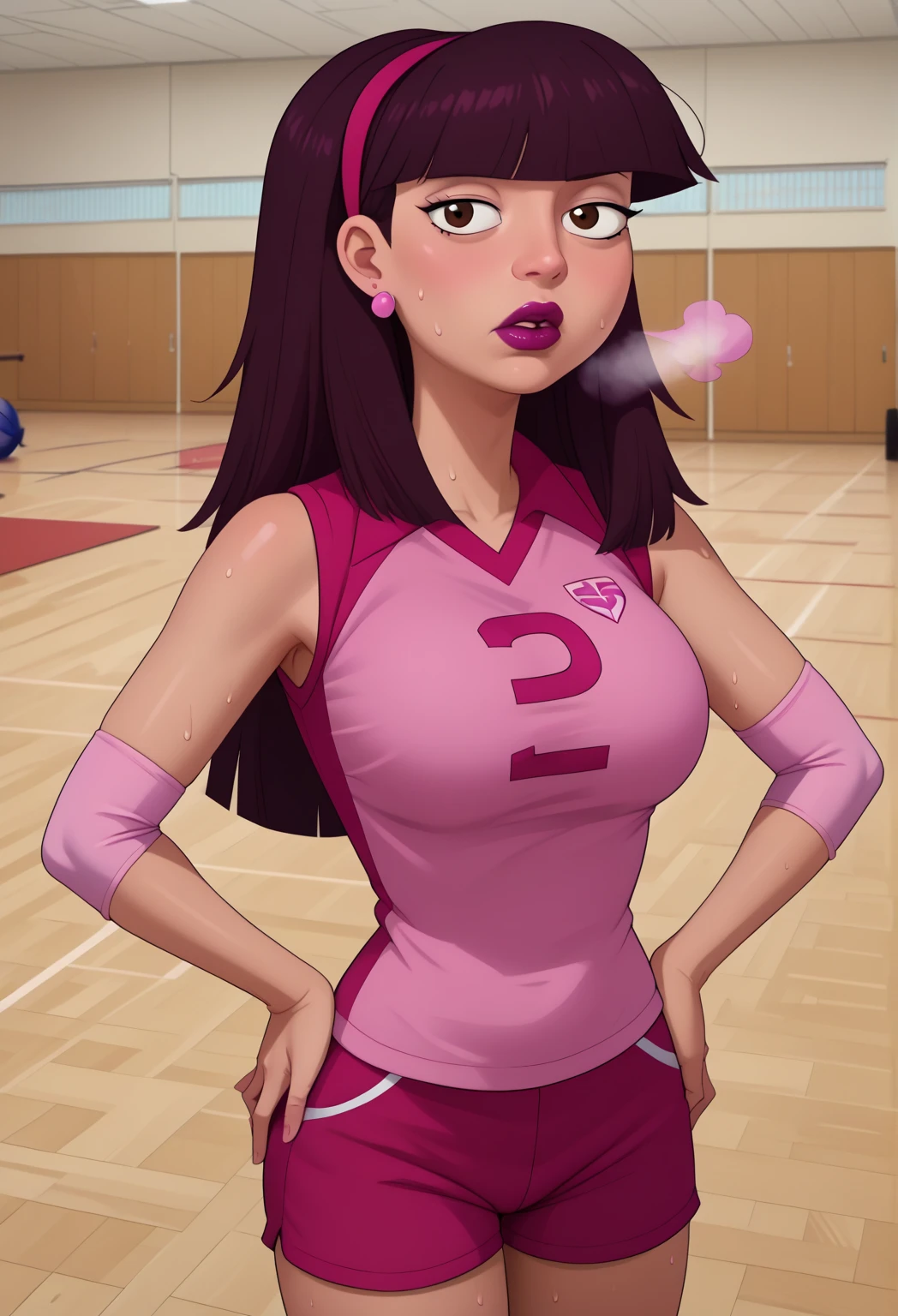 Tall sexy woman with big breasts, long black hair, black hair, green eyes, wearing a pink button-down blouse, showing her navel, tight black pants, and red tennis shoes.