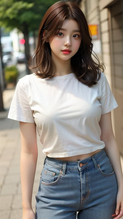 Girl in white Bien and tight denim skirt posing for photo, cuerpo completo, con camiseta corta, Bien, cuerpo delgado, smaller bust, Modelo chica delgada, 24 year old female model, Lying on construction site, un grupo de hombres negros mirando