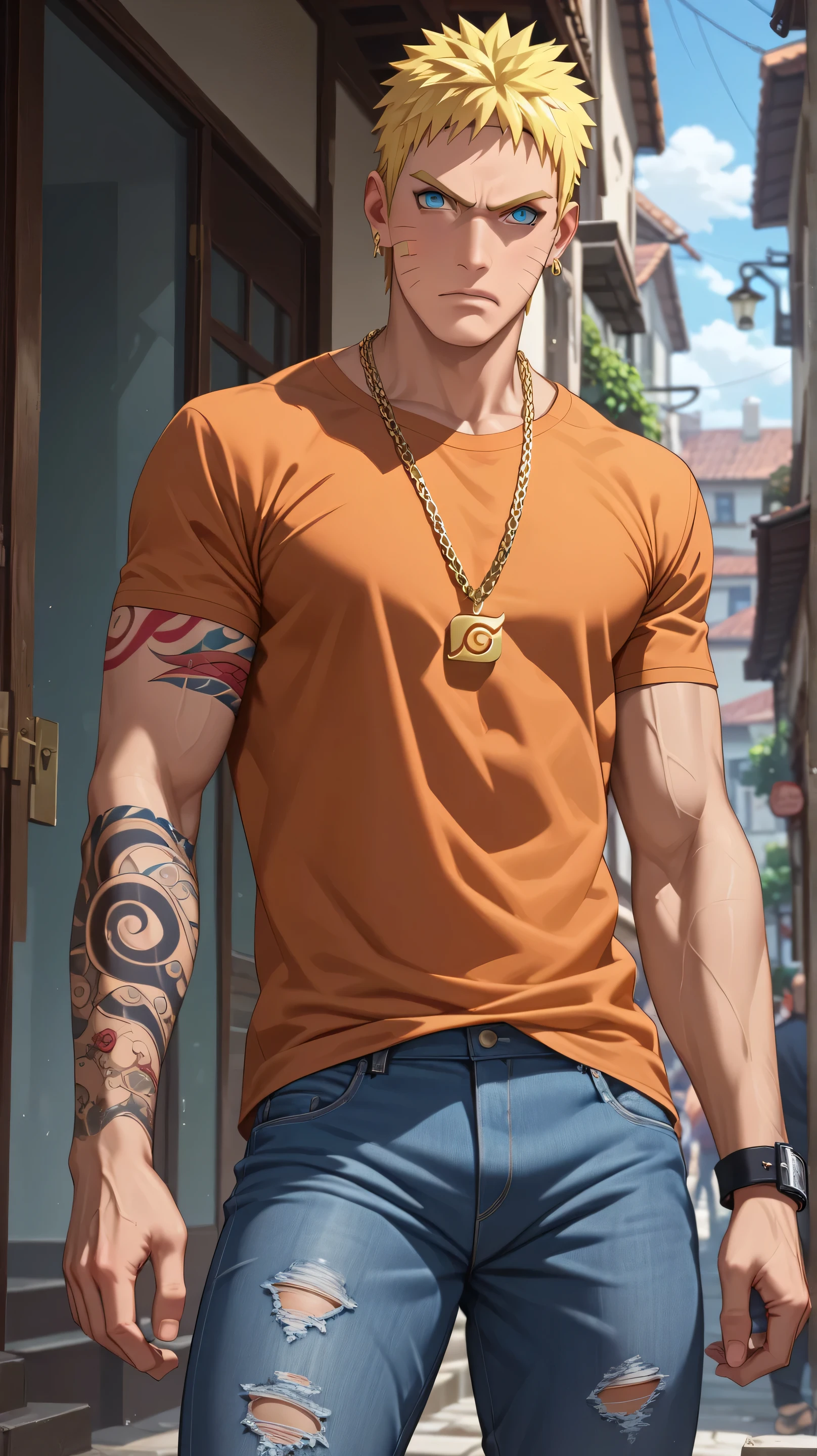 Score_9, Score_8_up, Score_7_up, Score_6_up, Score_5_up, Score_4_up, Source_anime, Tag1, Tag2, quality_masterpiece, Anatomically correct hands, Naruto, angry, mature male, hip-hop elements, BREAK ,action_stand, orange shirt, ripped jeans, gold chain, yakuza, tattoo,