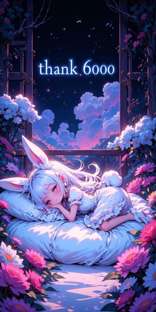 beautiful solemn text written "thank 6000". ((cute and kawaii rabbit girl lying down eternally sleeping in happy dream, long white hair and fluffy rabbit ear, transparent very white frilly dress embroidered delicately). at very unreal place as beautiful heaven shining particles floating.) (generate radiant and ethereal and translucent feeling picture. most beautiful image in the world. under black light and neon light. image generated by great soulful passion of artist. composition made by perfect golden ratio. flat newest anime style but very detailed art. masterpiece, best quality,)