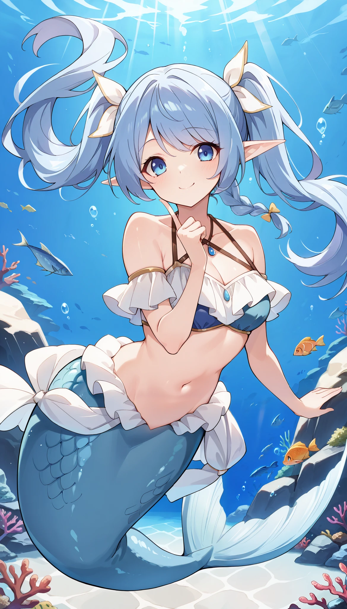 (Fraction_9:0.9),Fraction_8_up,Fraction_7_up,grade_of,实际of,(zPDXL3), ( masterpiece), ( Best Quality),(完整of五根手指), a girl ,Water Enchantress of the temple, blue hair , Twin ponytails, Blue Eyes ,Elf ears,独自of, Big ,Mermaid,蓝色ofMermaid尾巴,Fish scales, Smile,害羞of,Underwater,seabed,whole body