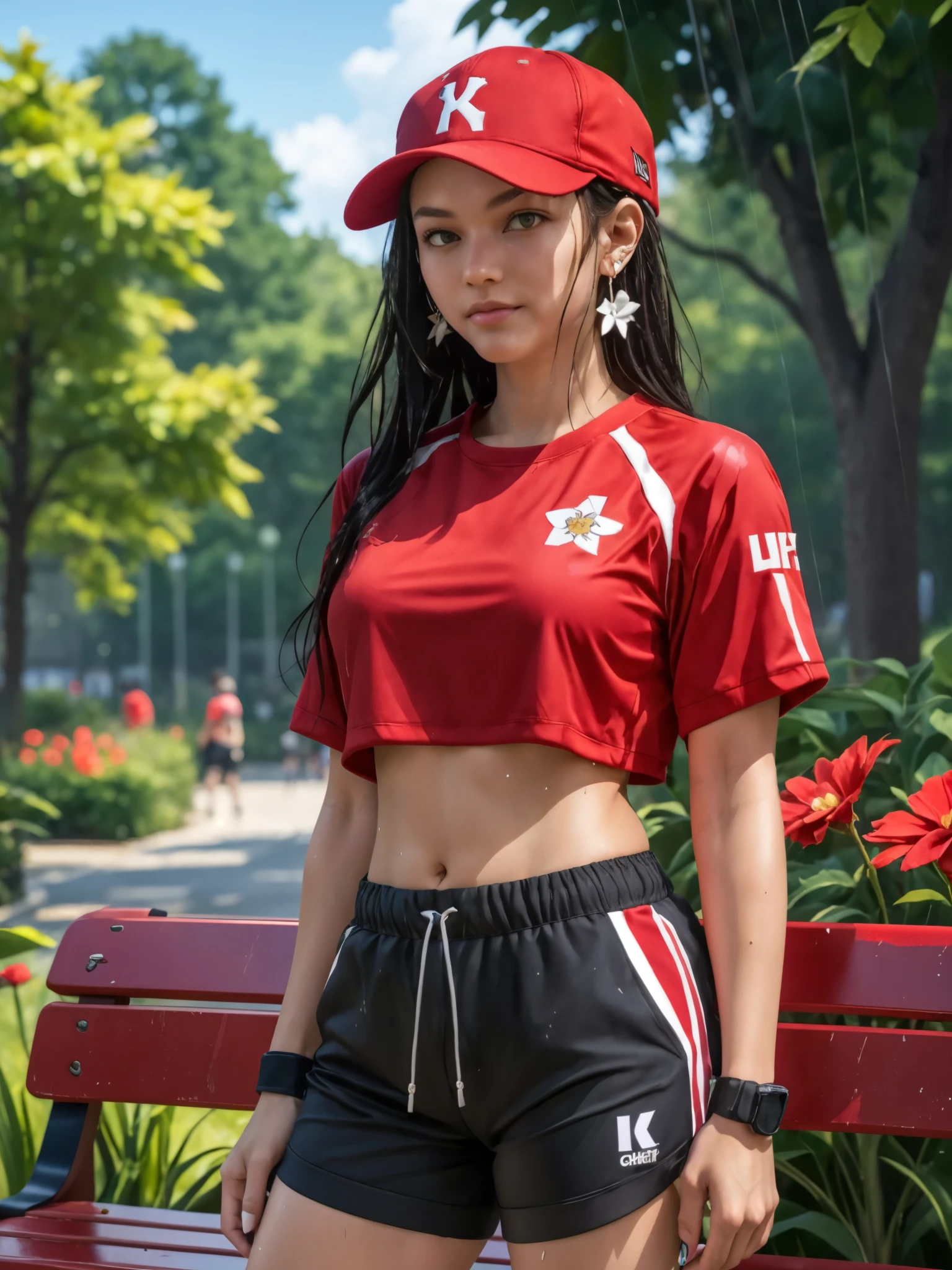 girl wearing sporty outfit, BREAK, girl, delicate slim, standing, hand on chest, body tilt, sporty, red loose crop top, (cargo:1.2) hotpants, red baseball cap, long hair, looking at viewer, ear piercing, flower pin, wet skin, sweating, natural light, public garden, (park-bench:0.8),