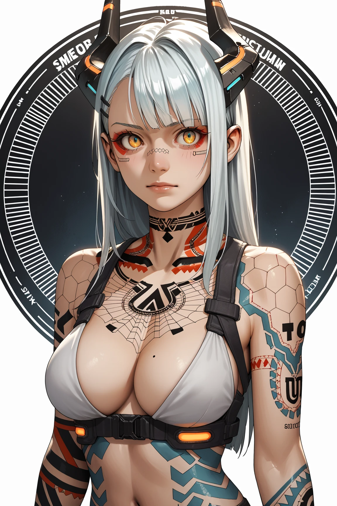 mixed_artwork style, 1 girl, standing alone, hands, beautiful woman, Asian, spiky white hair, shark teeth, vintage/cyberpunk white pour, White lipstick, white eyes, body piercing, white tattoos on the body, printed skeletons, rebel, synthetic body, realistic, textures, 8K, perfect hand, perfect anatomy, visible curves, small Breasts, SFW