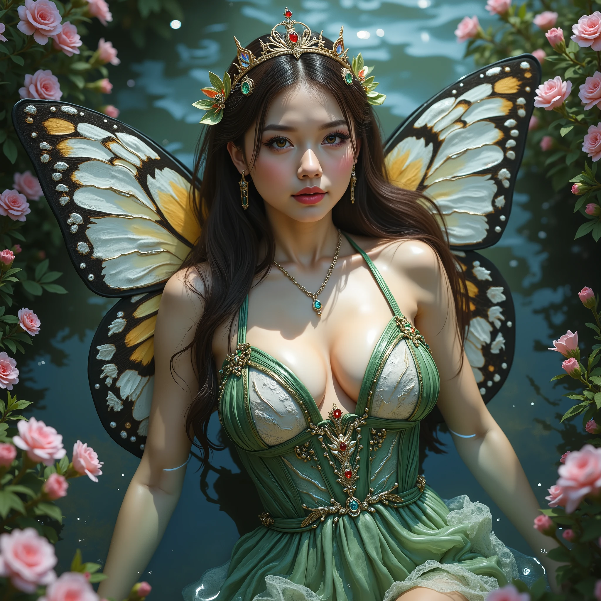 (beautifull flower fairy with gigantic breast, colorfull braided hair, sit on tree branch near beautifull lake), (strapless luxury flower bra), (show boobs), (show cleaveage), (show underboobs) , (show sideboobs), (show thigh), (detailed flower underboobs ornament), (detailed luxury flower chest ornament), (detailed luxury flower arm ornament), (detail flower hips ornament), expensive detailed flower necklace, flower vase, (gigantic breast:1.9), beautifull lake behind, flower mountain background, detail flower forest, detail flower field, detail flower background, beautifull face, pretty face, beautifull eyes, beautifull nose, sexy lips, polished nails, raytracing beautifull fingers, beautifull hands, sexy belly, sexy body, sexy shoulders, sexy legs, sexy hips, (luxury bracelet), (luxury ring), (luxury necklace), black nails , blue eye, (4 fingers in 1 hand), white skin, full body picture, pretty makeup, blush, beautifull butterfly wings, butterfly background, masterpiece, best quality:1.2),(8k,highres,RAW photo,realistic,photo-realistic:1.3),(detailed skin texture,detailed cloth texture,beautiful detailed face:1.25),professional lighting,photon mapping,beautiful soft light,radiosity,physically-based rendering,model shoot style, model shoot style, (extremely detailed CG unity 8k wallpaper), full shot body photo of the most beautiful artwork in the world, complex 3d render ultra detailed, looking at viewer, 18 yo, wet hair, real human skin, vibrant details, hyperrealistic, beautiful, octane render, 8k, best quality, masterpiece, an extremely delicate and beautiful, extremely detailed ,CG ,unity ,wallpaper, (realistic, photo-realistic:1.37),Amazing, finely detail, masterpiece,best quality,official art, extremely detailed CG unity 8k wallpaper ,extreme detailed eyes, (perfect face), shiny skin, colorful, highest detailed, vibrant colors, ultra high res, (high contrast), intricate, lens flare,