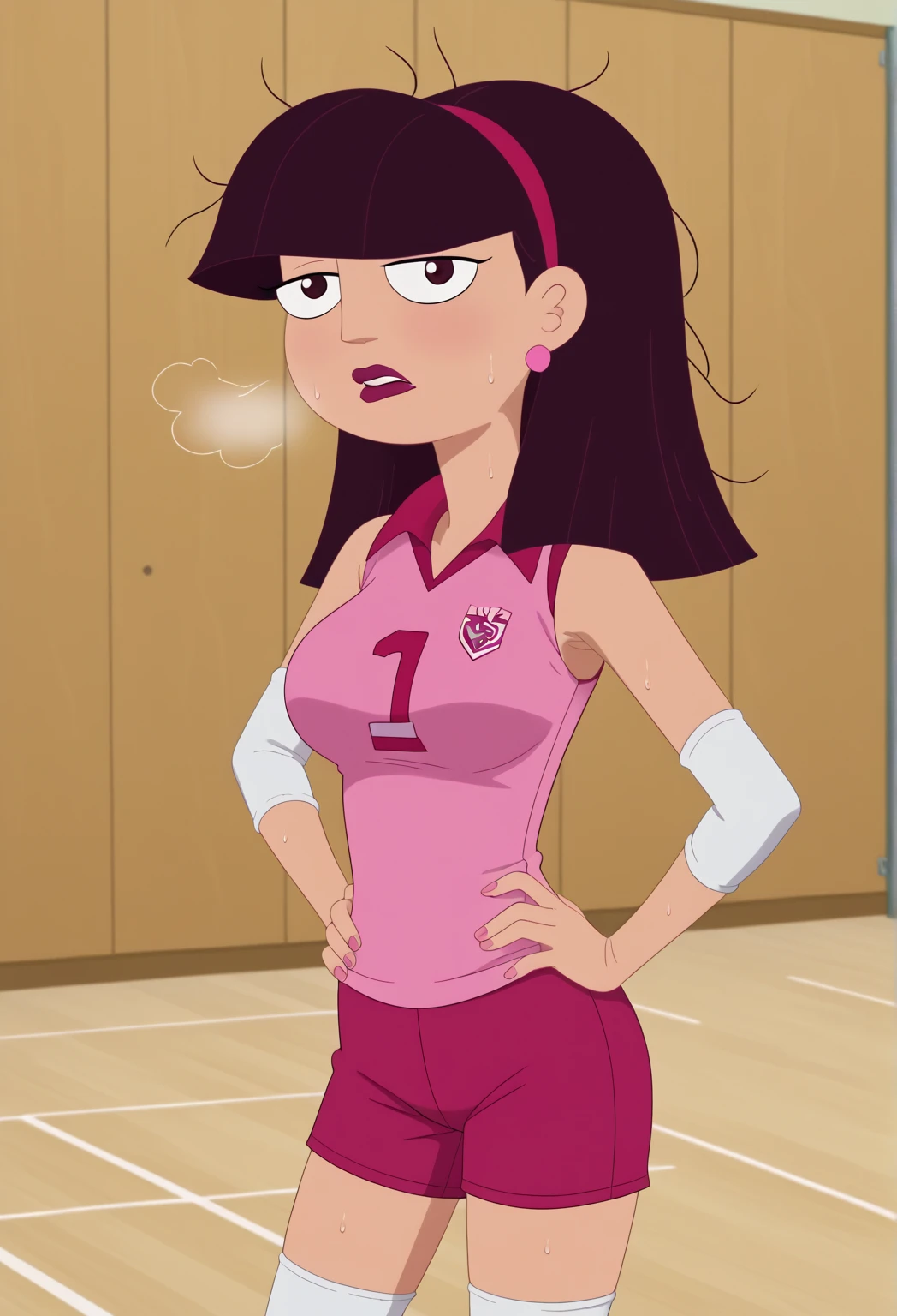 score_9, score_8_up, score_7_up,score_6_up,
1girl, Solo, AmandaL_MM, olive skin, dark brown eyes, deep burgundy hair, straight hair, shoulder-length hair, straight fringe, magenta headband, deep pink lips, light pink small spherical earrings, pink tanktop, magenta gym shorts, bright pink flats, big eyes, medium stature,, sexy face, perfect eyes, looking at the viewer, big breasts, volleyball uniform, sportswear, elbow pads, elbow sleeve, knee pads, sleeveless, shorts, short shorts,, audience, gym, sweat, open mouth, steam, cowboy shot, out of breath, sweaty, hands on hips, tired expression, messy hair