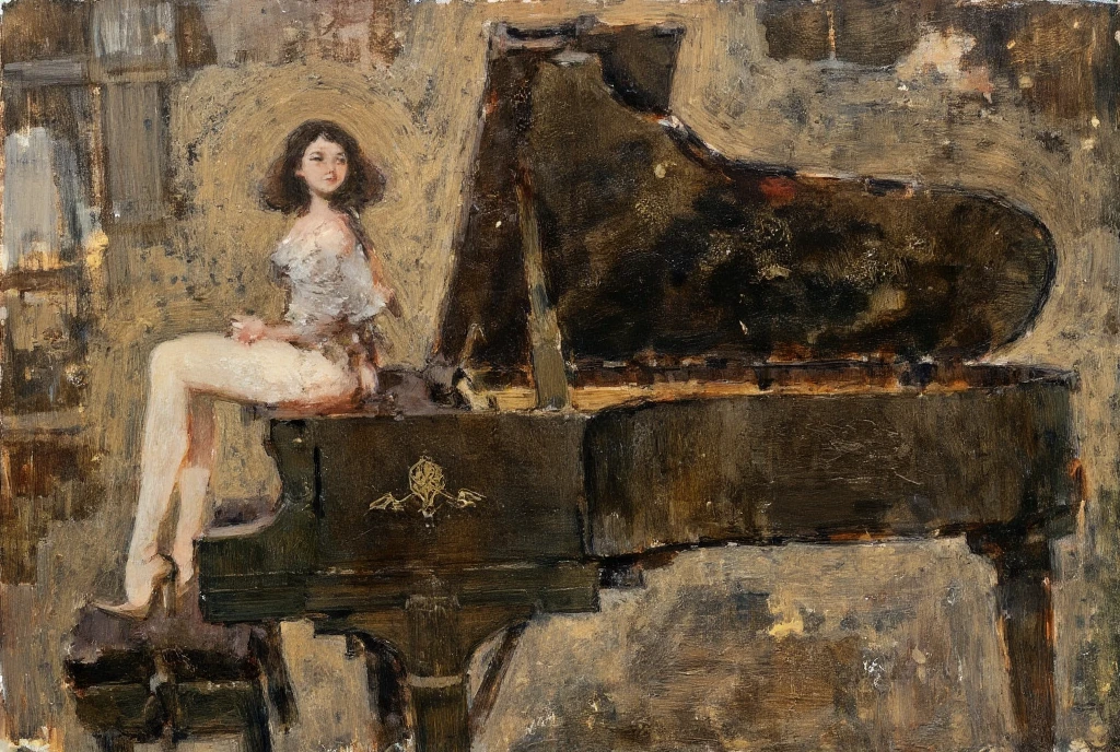 Impressionist oil painting of a naked Japanese lady, playing piano, sitting, from behind