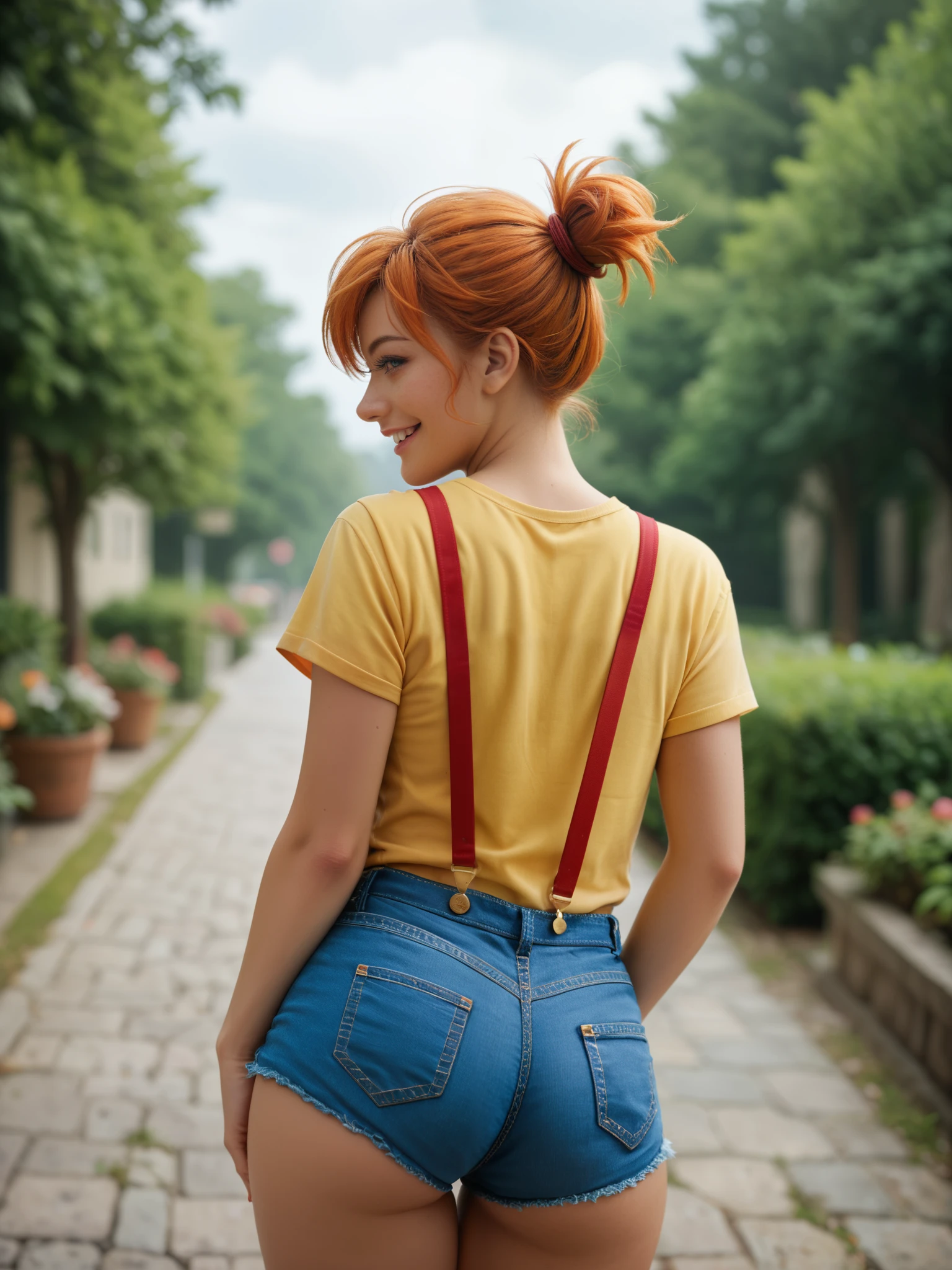 ((Misty)), (adult woman) (best quality), (Masterpiece artwork), (whole body), back shot,  (short orange hair tied to the side), (big ass), small yellow shirt, (shirt too small), (red suspenders over the shoulder), (very short denim shorts), happy