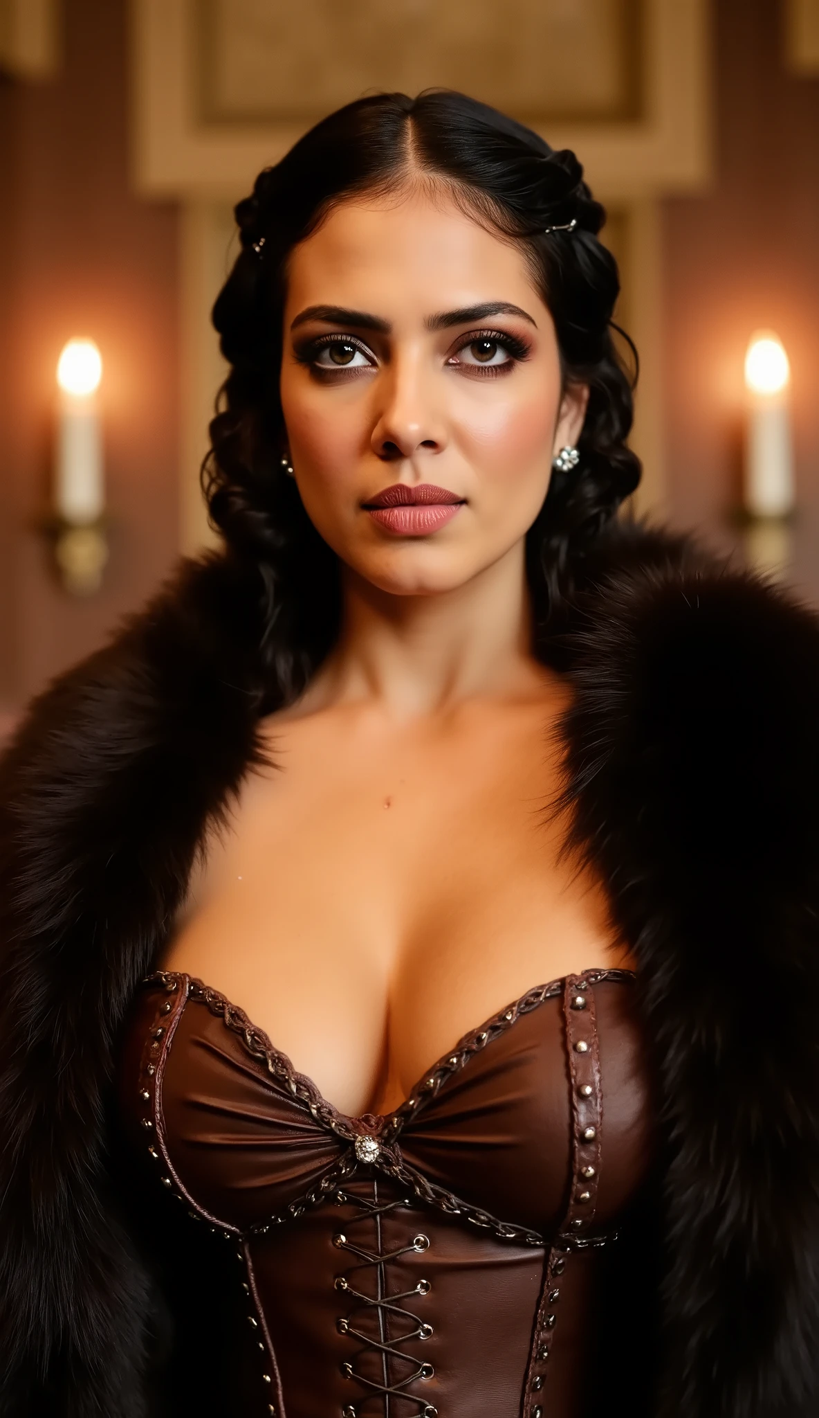 An intense upper-body portrait of a woman wearing a plush dark brown fur coat with the collar pulled back to reveal a plunging, tight leather corset beneath. The corset pushes her bust up, creating a bold and sultry look, with intricate lacing running along the front. Her dark, braided hair is adorned with small jewels, and her makeup is dramatic, with smoky eyes and bold red lips. The backdrop is a grand medieval hall with glowing firelight adding warmth to the scene."