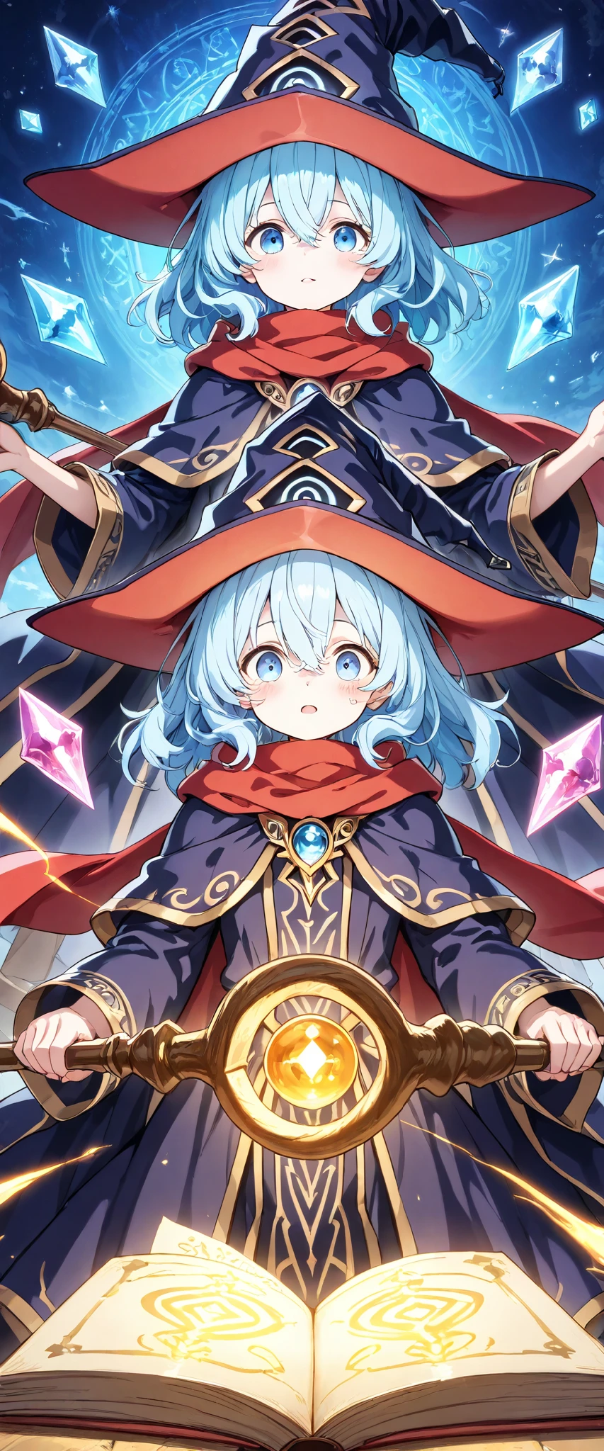 "A young woman with short, wavy pale blue hair and bright blue eyes, wearing a brown magician's robe with gold embroidery, a red scarf, and a pointed witch's hat. She has a calm, wise expression, holding a glowing magical staff with intricate runes. Soft lighting, surrounded by ancient spellbooks and floating mana crystals. Anime-style illustration, vibrant colors, detailed magical effects, and a whimsical fantasy background."