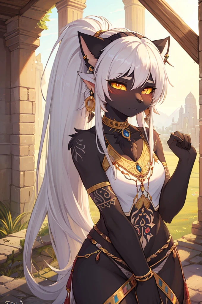 ((best quality, masterpiece, perfect anatomy, detailed picture)), furry, 1female, pantherine, two tone fur, black body, grey fur, sexy, long white hair, ponytail hair, fluffy feline tail, yellow sclera, tribal tattoo, tribal clothing, ear rings, red blushing, shy, in the ruins, rain forest, portrait, illustration