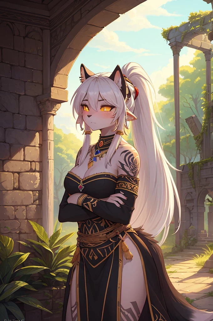 ((best quality, masterpiece, perfect anatomy, detailed picture)), furry, 1female, pantherine, two tone fur, black body, grey fur, sexy, long white hair, ponytail hair, fluffy feline tail, yellow sclera, tribal tattoo, ear rings, red blushing, shy, in the ruins, portrait, illustration, angry fangs, open fangs big bite
