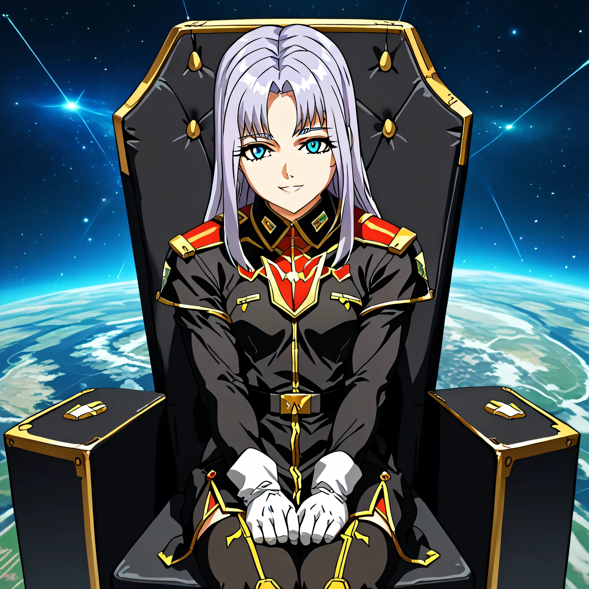 ultra-High resolution, score_9,score_8_up,score_7_up,score_6_up,score_5_up,score_4_up, BREAK, source_anime, anime screencap, uncensored, rating_explicit, Masterpiece, curvy, looking at viewer, (((solo, 1girl))), hair ornament, (((TitanOutfit))), full body, seductive pose, submissive pose, small breast, gravion_leele, light purple hair, sidelocks, parted bangs, long hair, blue eyes, smile, (((young girl, cute))), sitting on throne, cockpit, space background