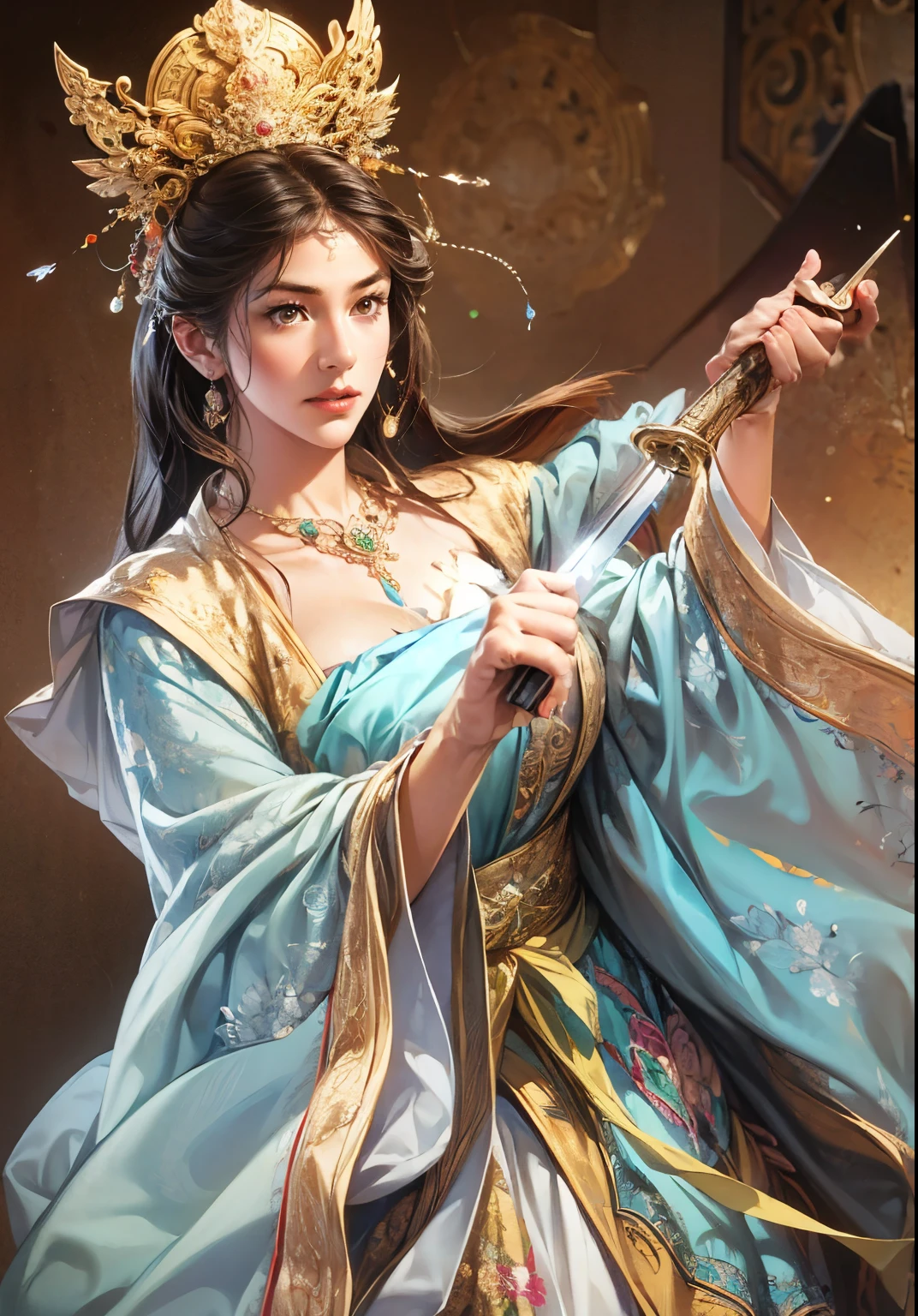 a woman's delicate hands holding a sword, beautiful detailed eyes, beautiful detailed lips, extremely detailed face and hands, intricate sword hilt, ornate sword, dramatic lighting, cinematic atmosphere, muted color palette, chiaroscuro lighting, oil painting, cinematic composition, dramatic pose, high contrast, rich textures, award-winning photography, masterpiece, (best quality,8k,highres,masterpiece:1.2),ultra-detailed,(realistic,photorealistic,photo-realistic:1.37)