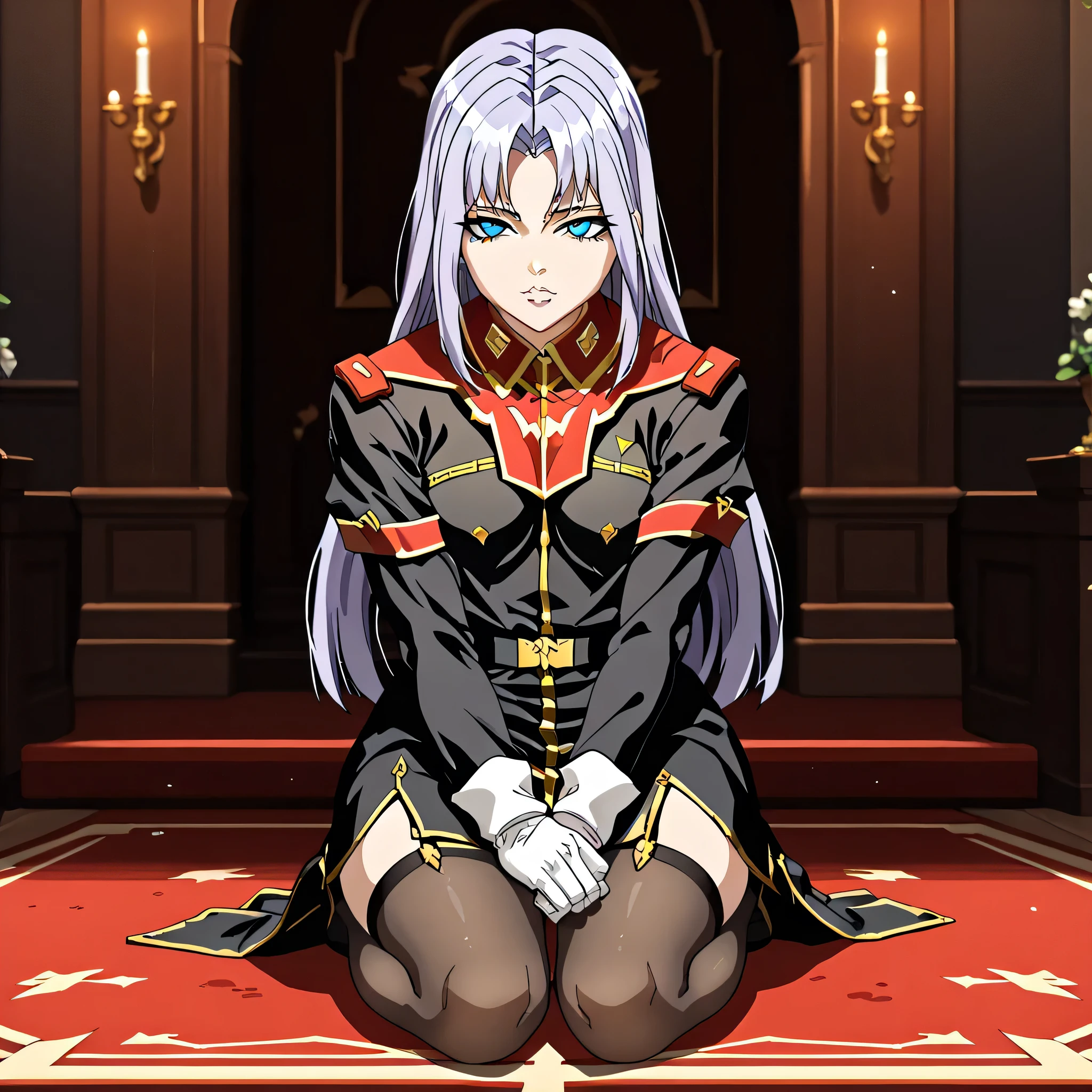 ultra-High resolution, score_9,score_8_up,score_7_up,score_6_up,score_5_up,score_4_up, BREAK, source_anime, anime screencap, uncensored, rating_explicit, Masterpiece, curvy, looking at viewer, (((solo, 1girl))), hair ornament, (((TitanOutfit))), full body, seductive pose, submissive pose, small breast, gravion_leele, light purple hair, sidelocks, parted bangs, long hair, blue eyes