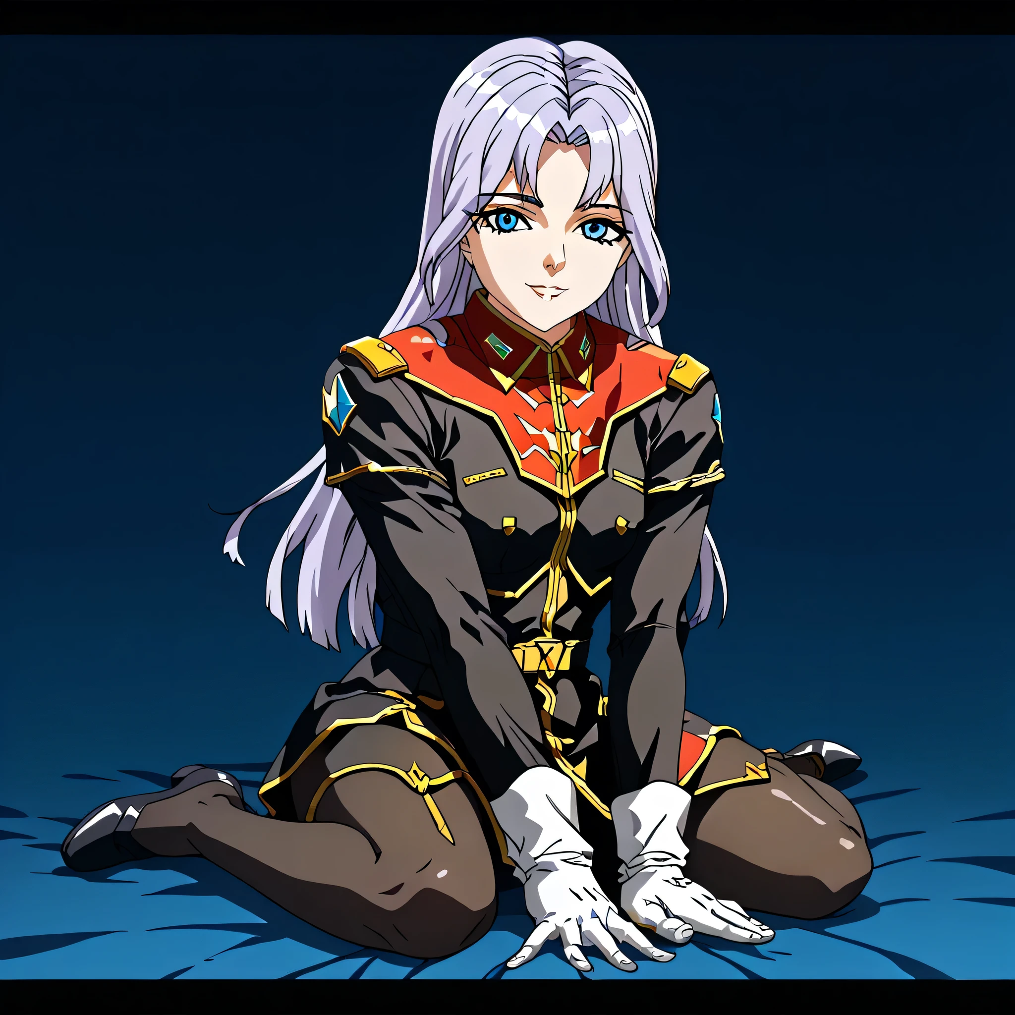 ultra-High resolution, score_9,score_8_up,score_7_up,score_6_up,score_5_up,score_4_up, BREAK, source_anime, anime screencap, uncensored, rating_explicit, Masterpiece, curvy, looking at viewer, (((solo, 1girl))), hair ornament, (((TitanOutfit))), full body, seductive pose, submissive pose, small breast, gravion_leele, light purple hair, sidelocks, parted bangs, long hair, blue eyes, smile, (((young girl, cute))), 1990s\(style)\