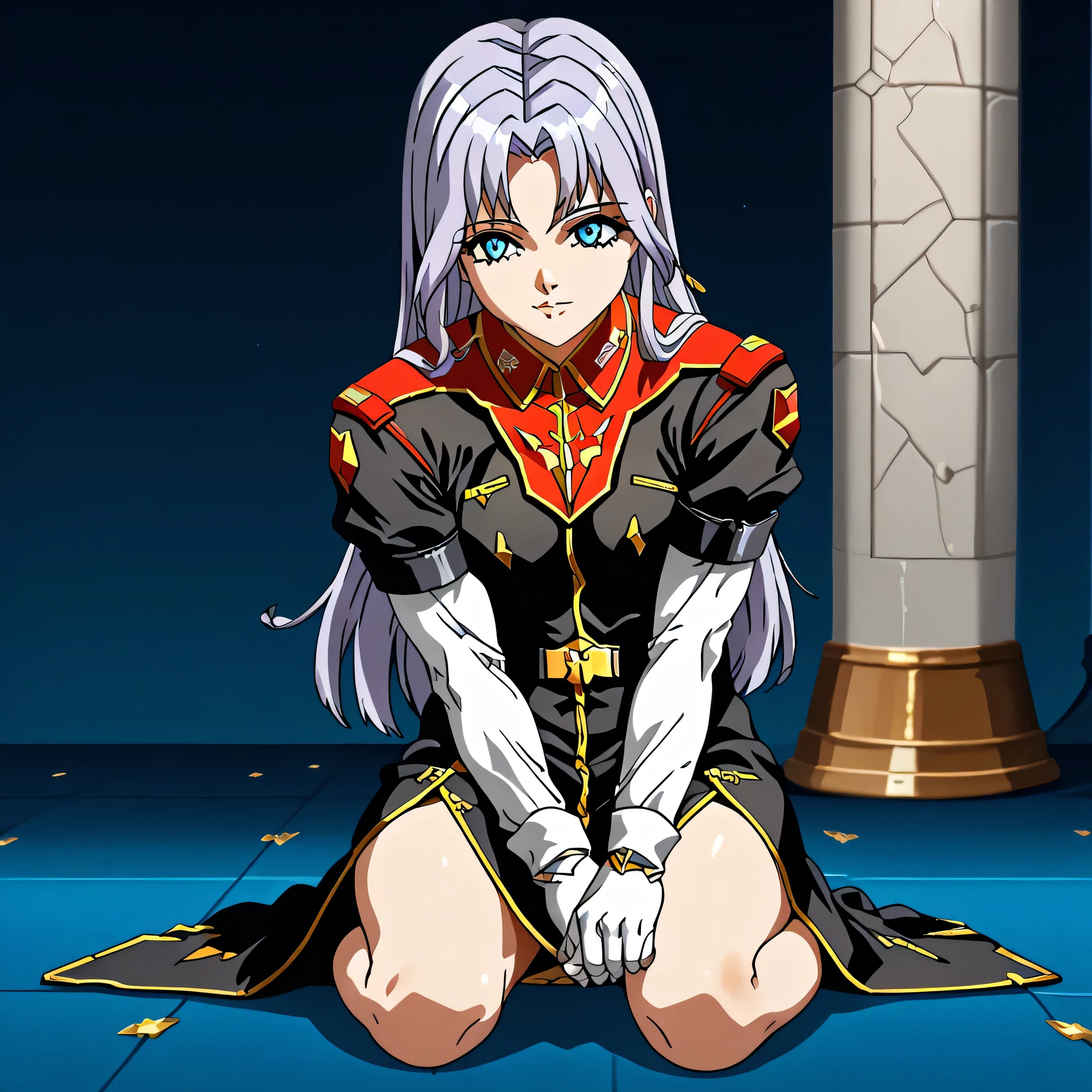 ultra-High resolution, score_9,score_8_up,score_7_up,score_6_up,score_5_up,score_4_up, BREAK, source_anime, anime screencap, uncensored, rating_explicit, Masterpiece, curvy, looking at viewer, (((solo, 1girl))), hair ornament, (((TitanOutfit))), full body, seductive pose, submissive pose, small breast, gravion_leele, light purple hair, sidelocks, parted bangs, long hair, blue eyes, smile, (((young girl, cute))), 1990s\(style)\