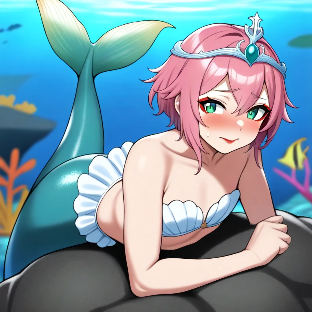 1girl, bangs, short hair, dark purple hair, blunt bangs, eyebrows visible through hair, purple eyes, look at viewer, light smile, hisui_kujou, large breasts, cleavage, mermaid, mermaid tail, underwater, bra, belly, mermaid tail, looking at viewer,