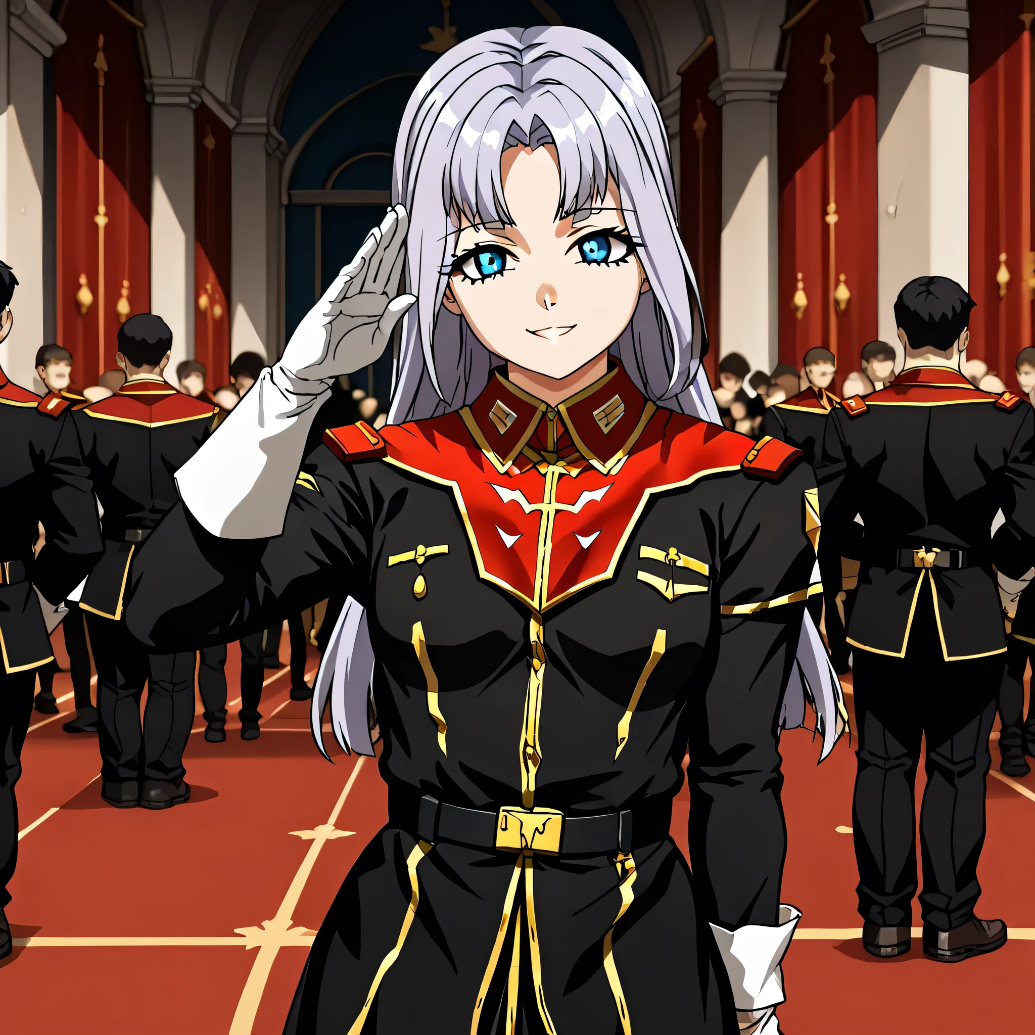 ultra-High resolution, score_9,score_8_up,score_7_up,score_6_up,score_5_up,score_4_up, BREAK, source_anime, anime screencap, uncensored, rating_explicit, Masterpiece, curvy, looking at viewer, (((solo, 1girl))), hair ornament, (((TitanOutfit))), full body, seductive pose, submissive pose, small breast, gravion_leele, light purple hair, sidelocks, parted bangs, long hair, blue eyes, smile, (((young girl, cute))), salute, saluting, crowd
