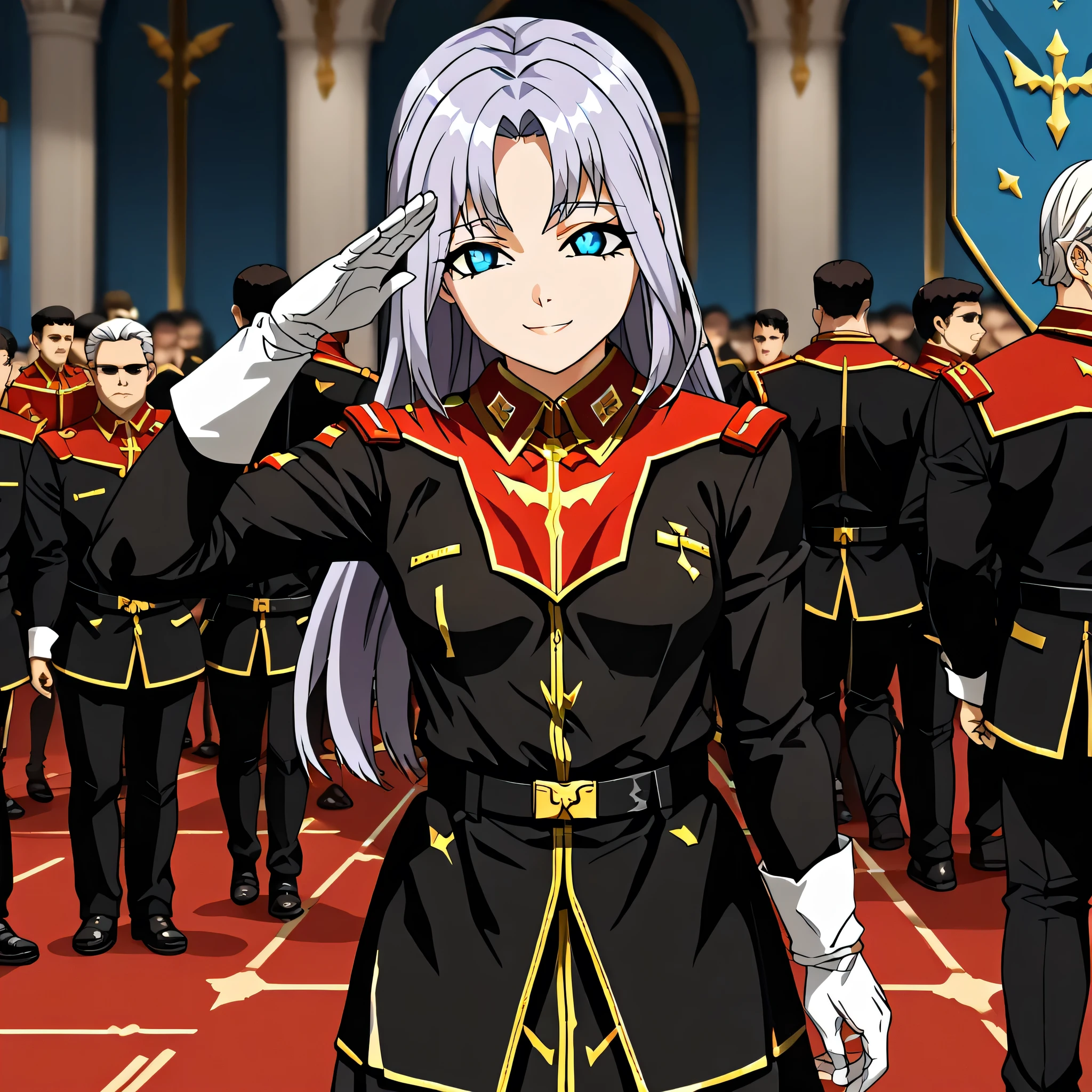 ultra-High resolution, score_9,score_8_up,score_7_up,score_6_up,score_5_up,score_4_up, BREAK, source_anime, anime screencap, uncensored, rating_explicit, Masterpiece, curvy, looking at viewer, (((solo, 1girl))), hair ornament, (((TitanOutfit))), full body, seductive pose, submissive pose, small breast, gravion_leele, light purple hair, sidelocks, parted bangs, long hair, blue eyes, smile, (((young girl, cute))), salute, saluting, crowd