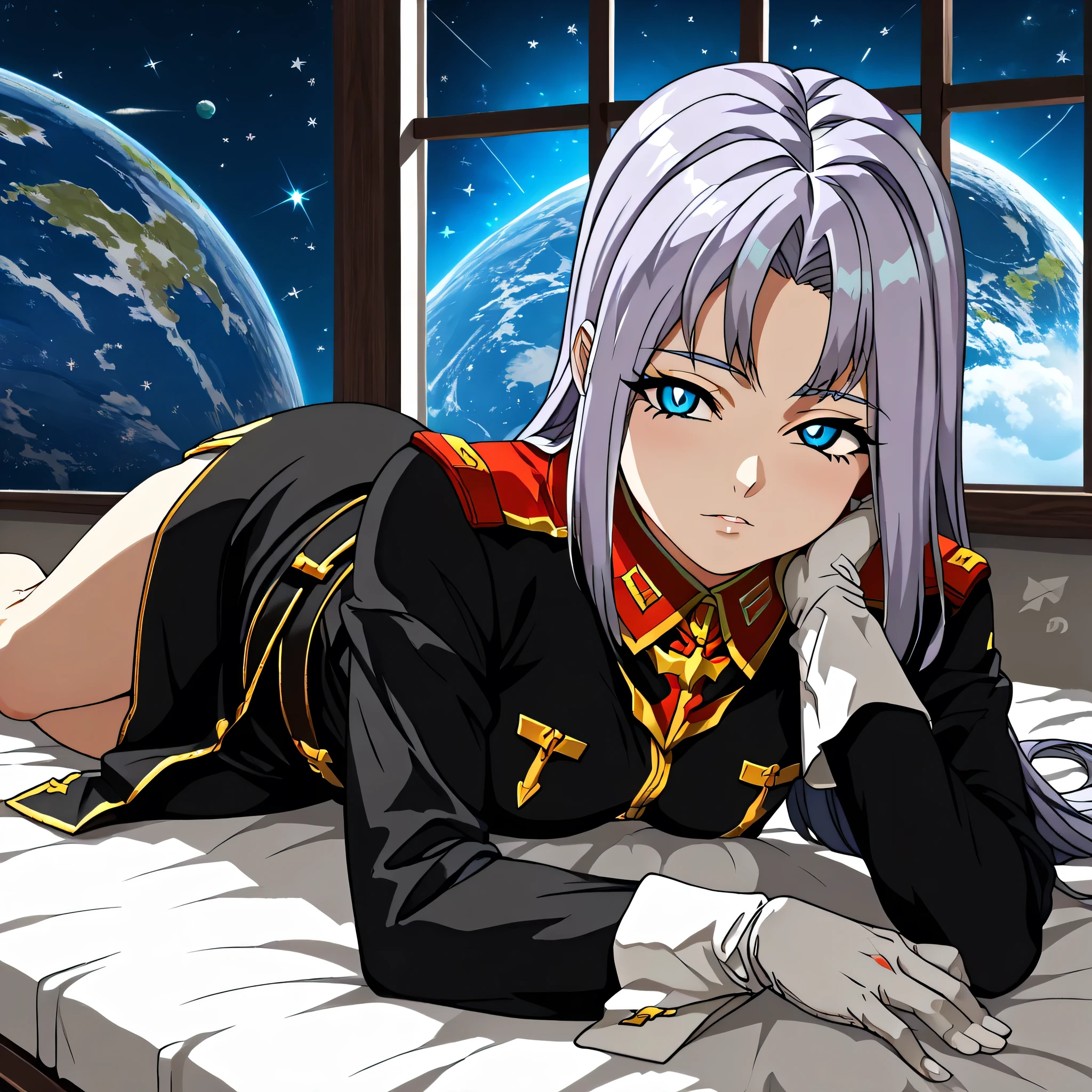ultra-High resolution, score_9,score_8_up,score_7_up,score_6_up,score_5_up,score_4_up, BREAK, source_anime, anime screencap, uncensored, rating_explicit, Masterpiece, curvy, looking at viewer, (((solo, 1girl))), hair ornament, (((TitanOutfit))), full body, seductive pose, submissive pose, small breast, gravion_leele, light purple hair, sidelocks, parted bangs, long hair, blue eyes, (((young girl, cute, lying down on window, space background)))