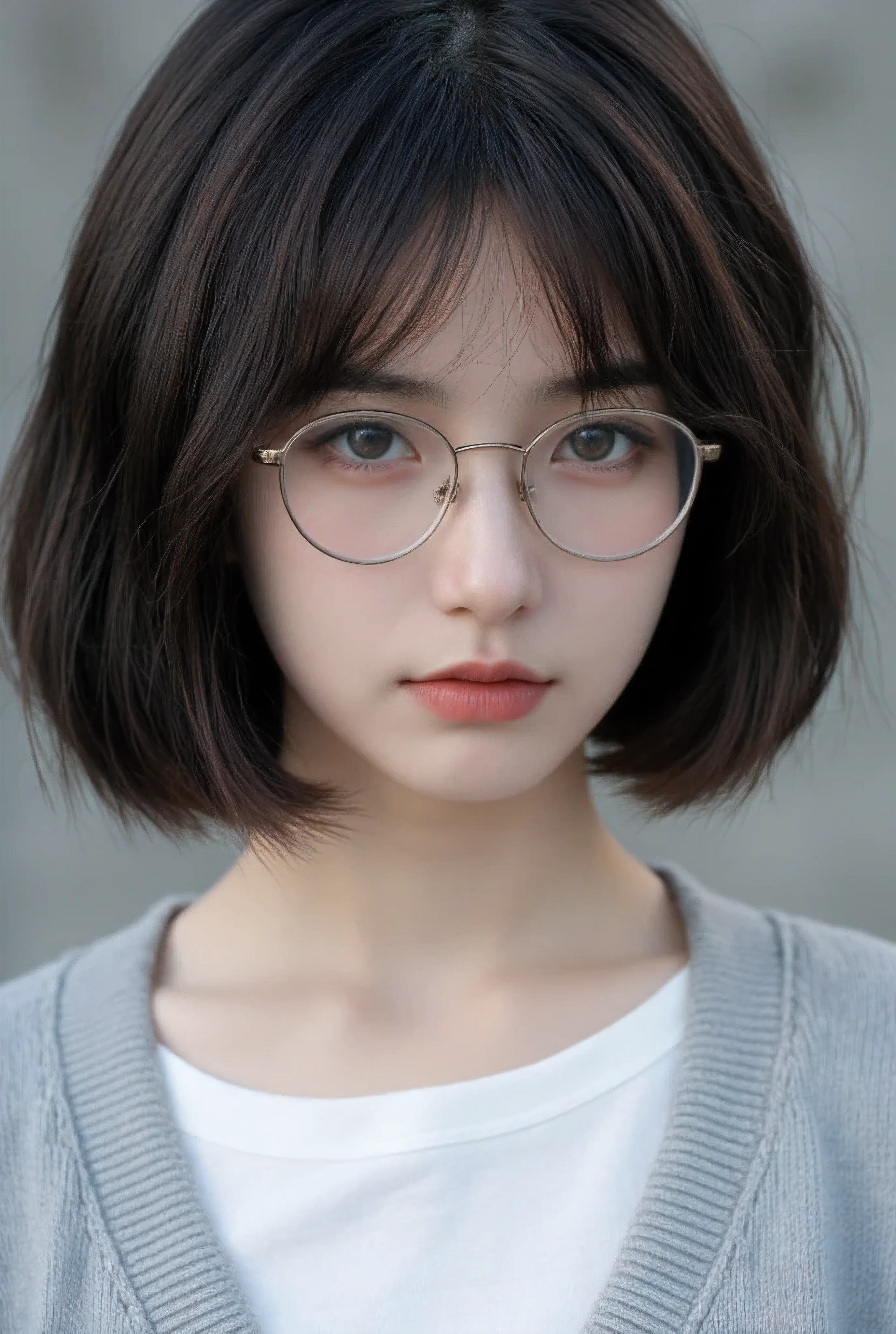 Close-up view of a young girl, -, with a cute yet elegant appearance. She has a slender, youthful face with soft, delicate features, and her expression is calm and thoughtful. Her skin is smooth and radiant, with a subtle glow enhanced by natural light that gently highlights her face. She wears round glasses that add to her bookish charm, with her straight, shoulder-length hair softly framing her face. The bottom of her hair is slightly messy and curves inward, adding a playful touch, while the bangs in the front are thick and cut straight across the forehead, reaching the eyebrows. Layered bangs fall gently to the side, creating texture and separating from the back of the hair. The hair is a deep black with a warm mix of brown and amber highlights, giving it a natural, soft shine. The top of her outfit is a soft, light gray cardigan layered over a simple white blouse, with the cardigan's texture clearly visible. The background is blurred into a soft, neutral gradient, allowing the focus to stay on her clear, lifelike expression and detailed features. The natural light casts soft shadows on her face, giving the image depth and realism, capturing her youthful innocence and elegance in exquisite detail.