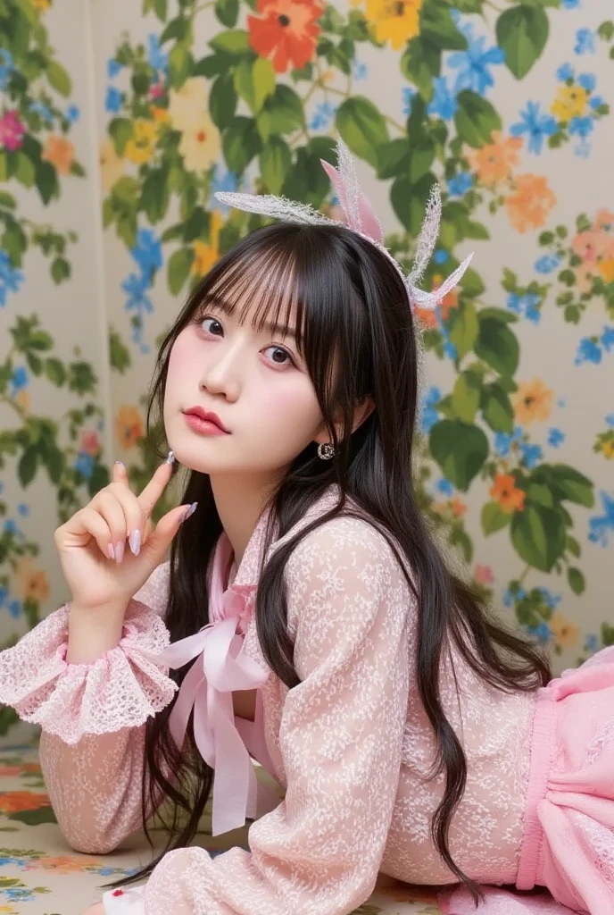 best quality, masterpiece, extremely detailed, detailed background, 1girl, solo, long hair, flower, blue hair, white background, pink flower, simple background, profile, upper body, shirt, white shirt, white flower, bow, bangs, purple eyes, leaf, blush