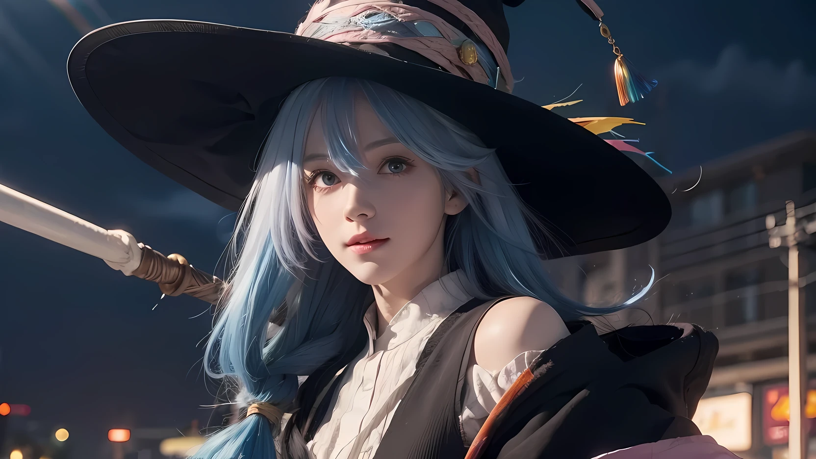 ((rainbow hair)), hair over shoulder, messy hair, hair over eyes, witch hat, wizard hat, grin, bright pupils, happy, anime, cinematic lighting, UHD, ((masterpiece)), super detail, (detailed eyes, detailed face), high quality, highres, high details, Witch with powerful magical light, female wizard, wide-brimmed hat, wizard's staff, wand, A torrent of light, colorful rays intersecting, (Right arm thrust out in front), orange costume, light blue hair, perfect body, cowboy shot