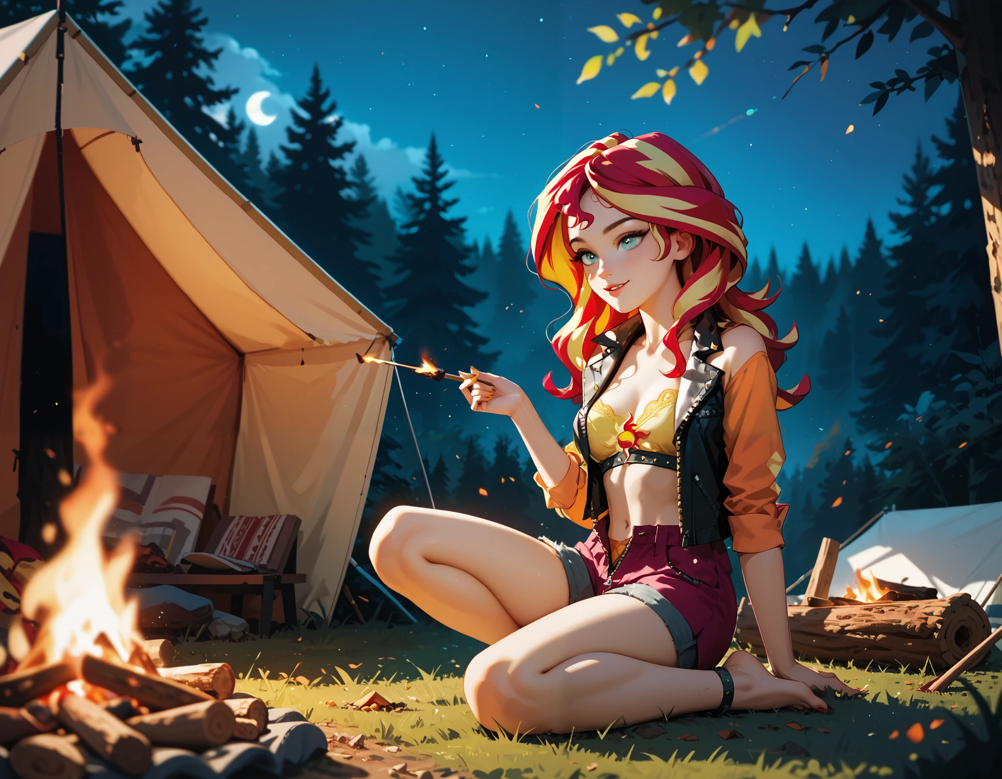 Sunset shimmer, red and yellow hair, wavy hair, open shirt, unzipped shorts, crawling out of a tent, a campfire, in the forest at night, dark, trees, sexy pose, alluring